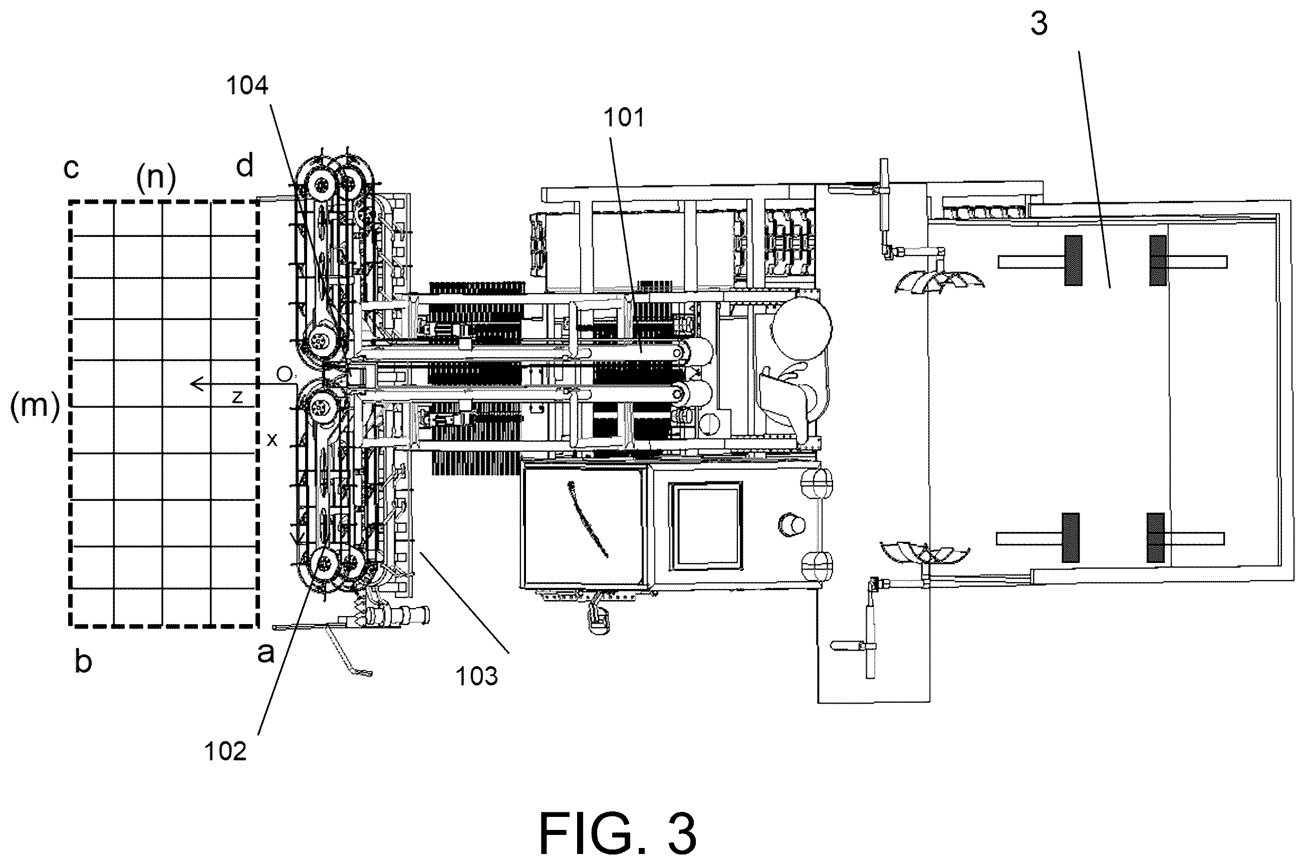 Patent US12396396 Figure 3 – Upstanding clamping longitudinal conveyor system for whole-stem reed harvesting, method, and harvester