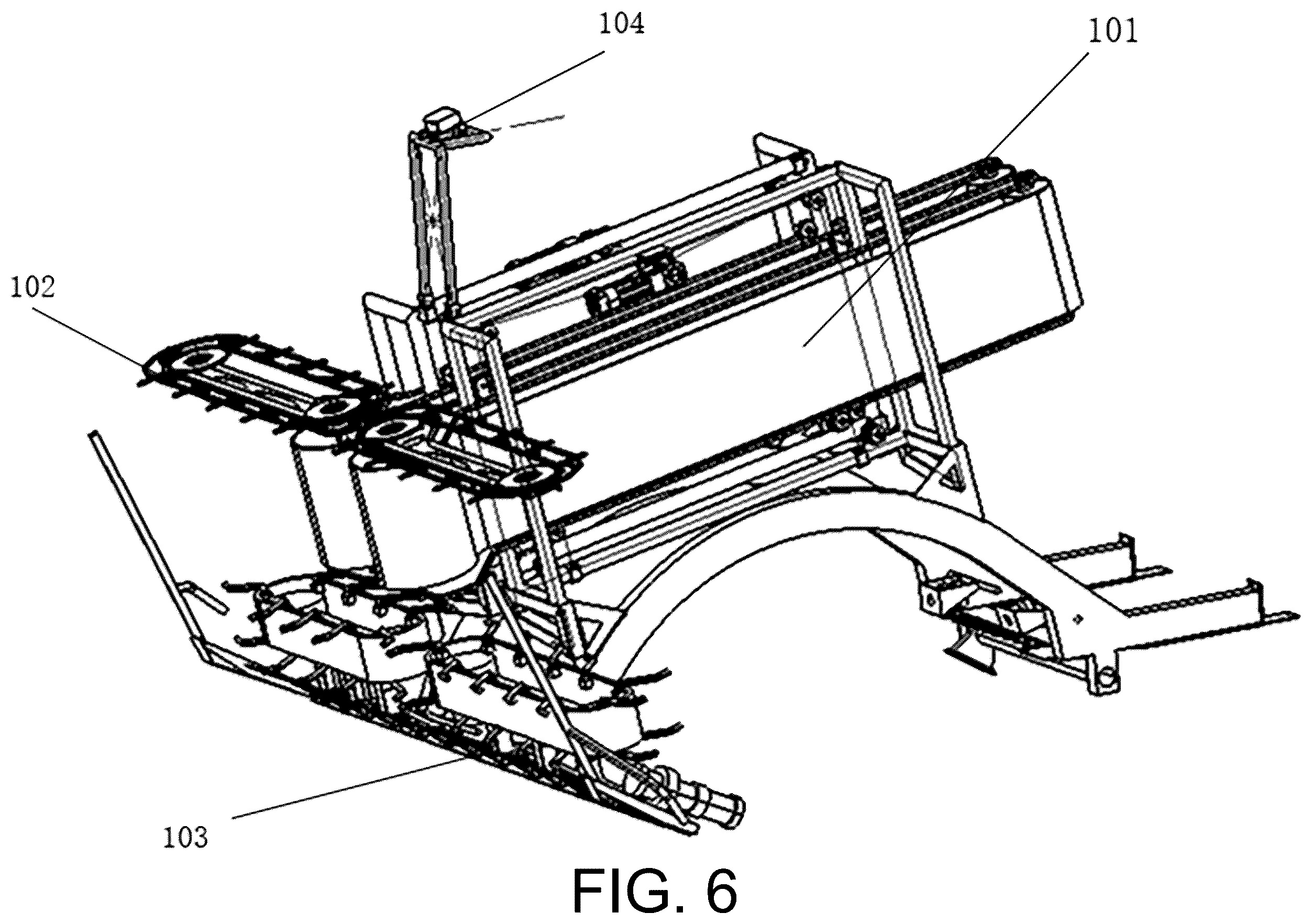 Patent US12396396 Figure 6 – Upstanding clamping longitudinal conveyor system for whole-stem reed harvesting, method, and harvester