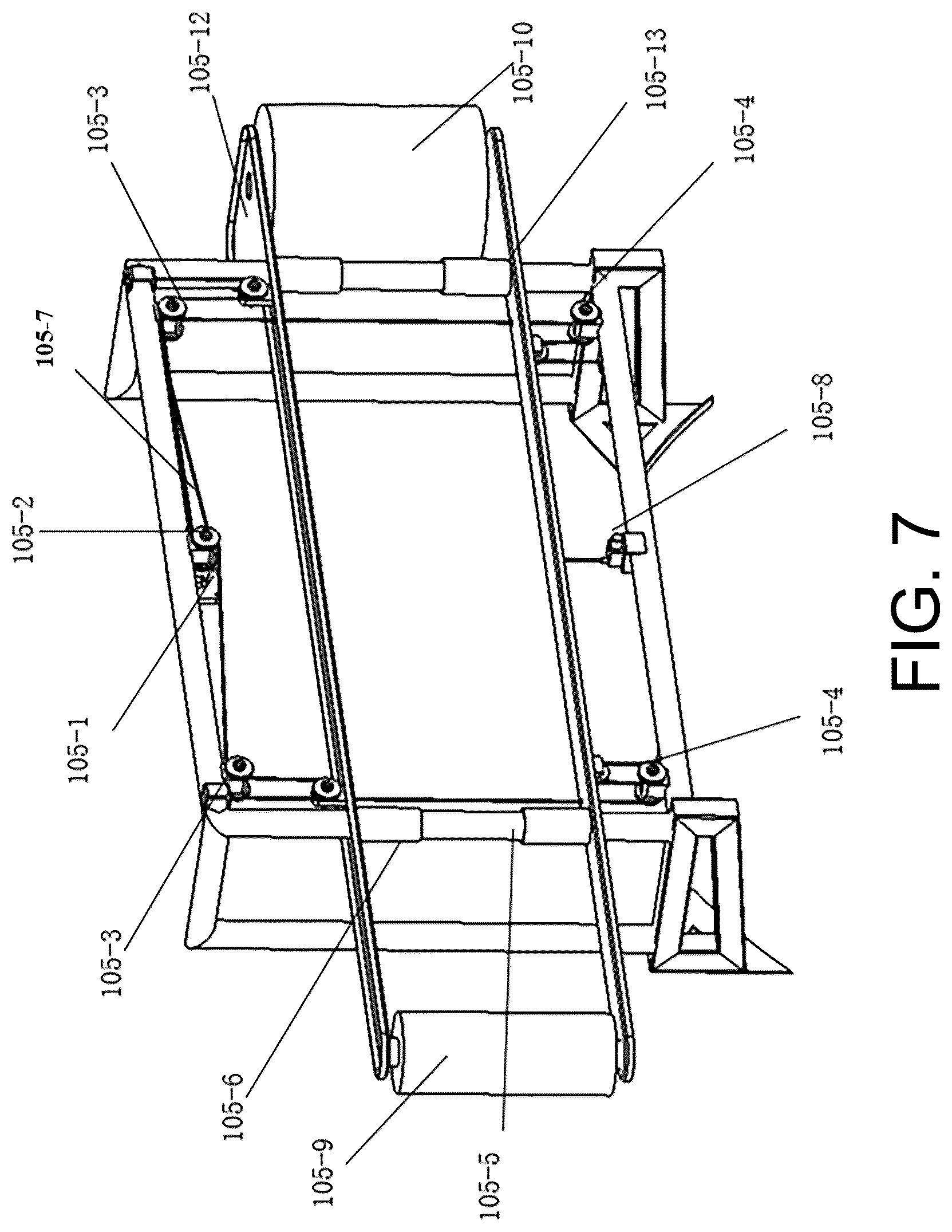 Patent US12396396 Figure 7 – Upstanding clamping longitudinal conveyor system for whole-stem reed harvesting, method, and harvester