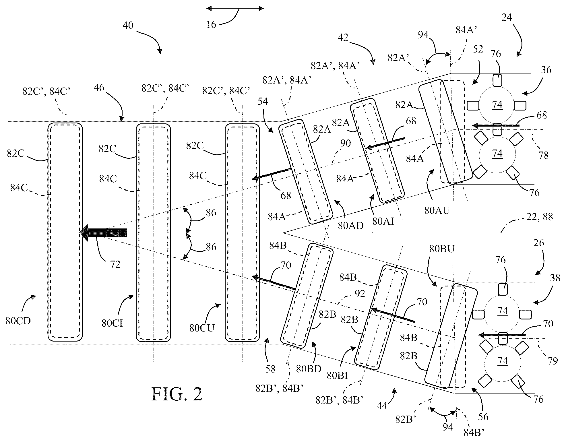 Patent US12396400 Figure 2 – Feed train assemblies with skewed feeder roller pairs for a sugarcane harvester