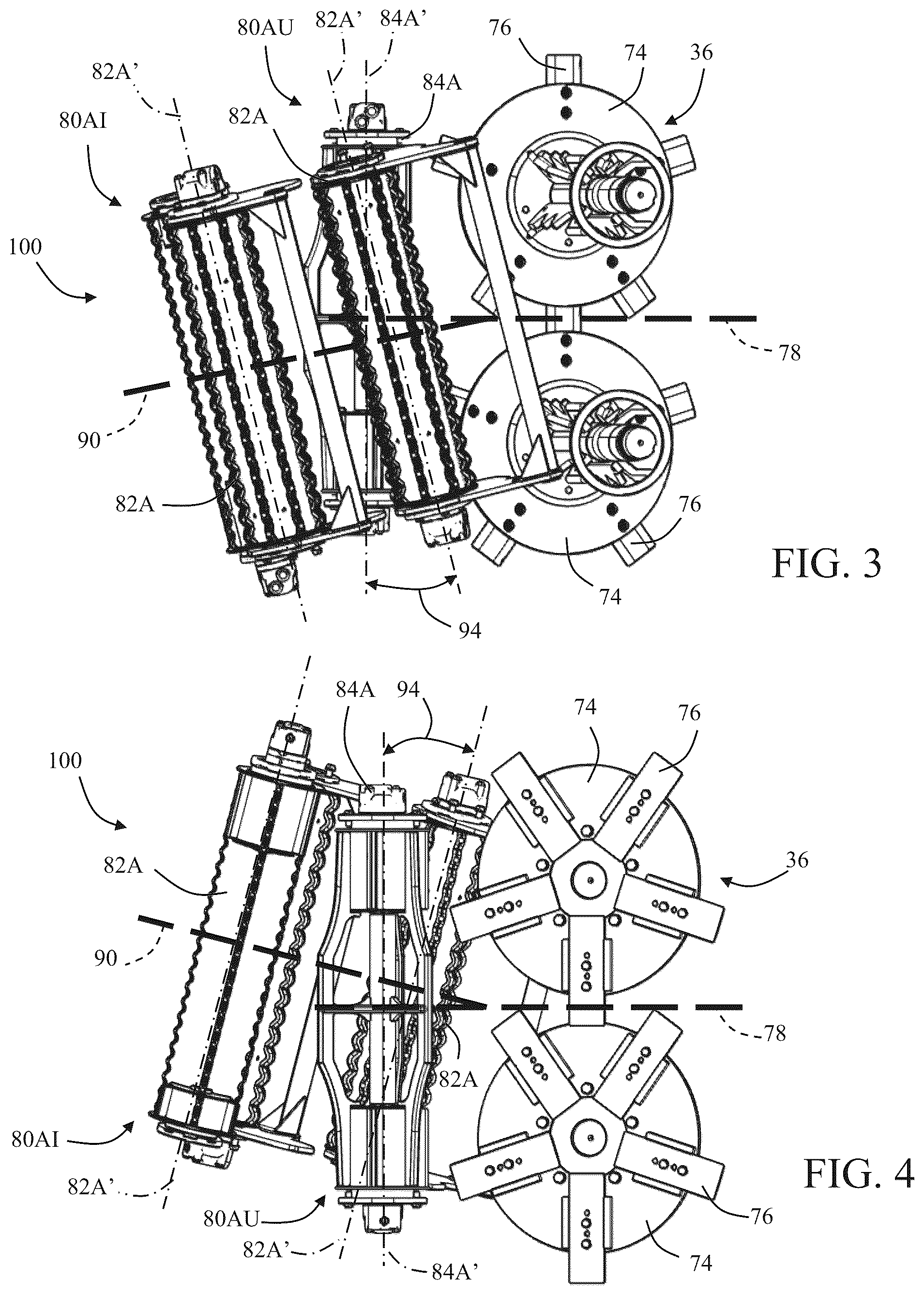Patent US12396400 Figure 3 – Feed train assemblies with skewed feeder roller pairs for a sugarcane harvester