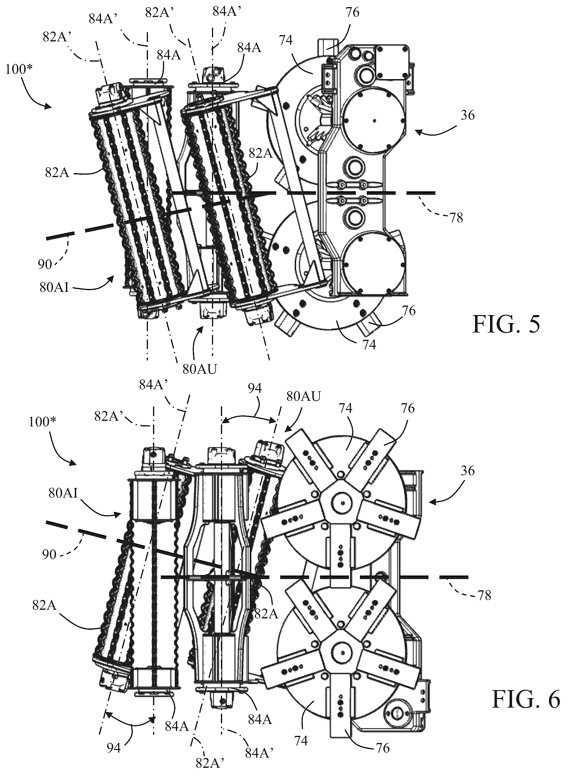 Patent US12396400 Figure 4 – Feed train assemblies with skewed feeder roller pairs for a sugarcane harvester
