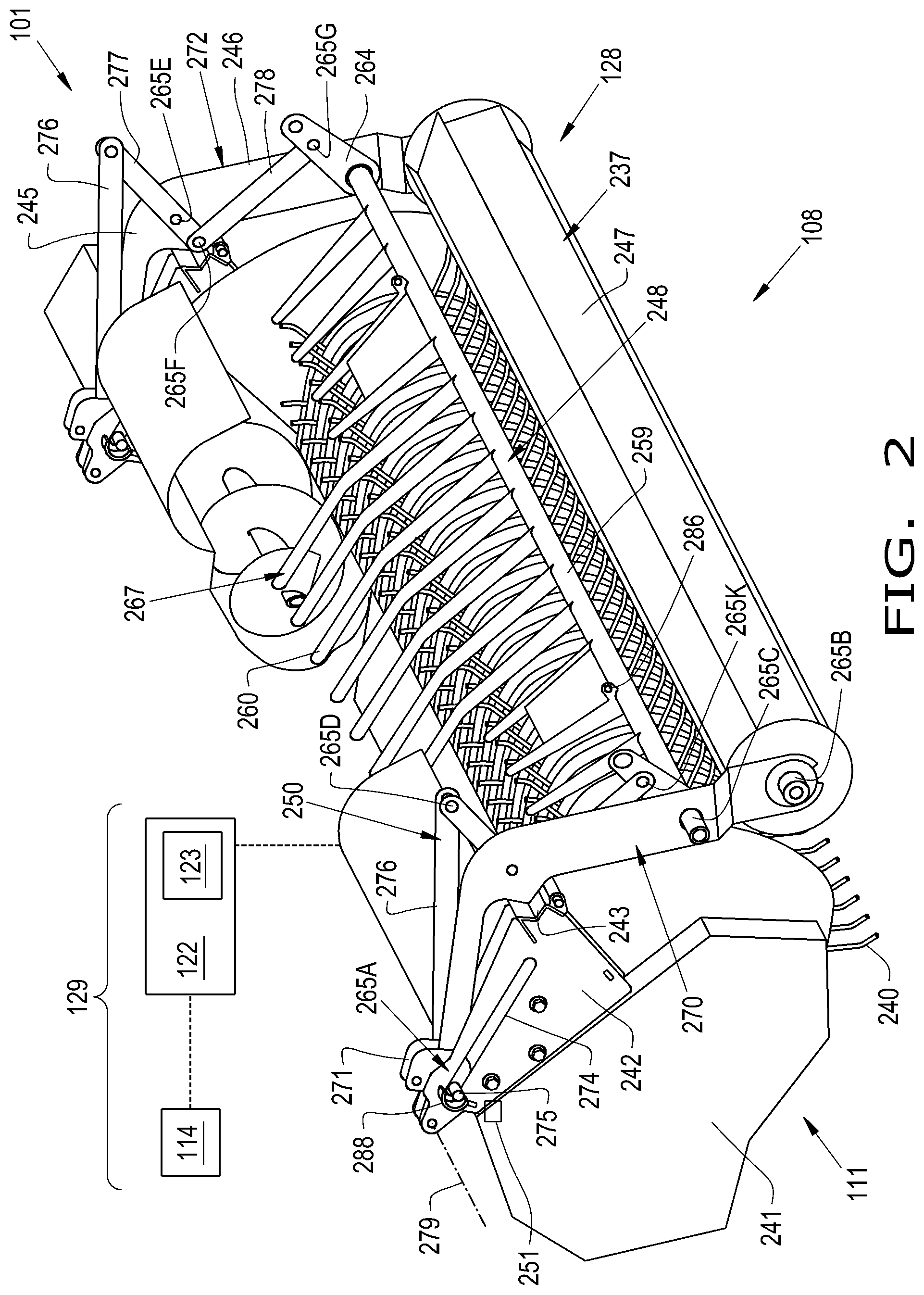 Patent US12396402 Figure 2 – Repositionable windguard assembly for agricultural baler feeder system