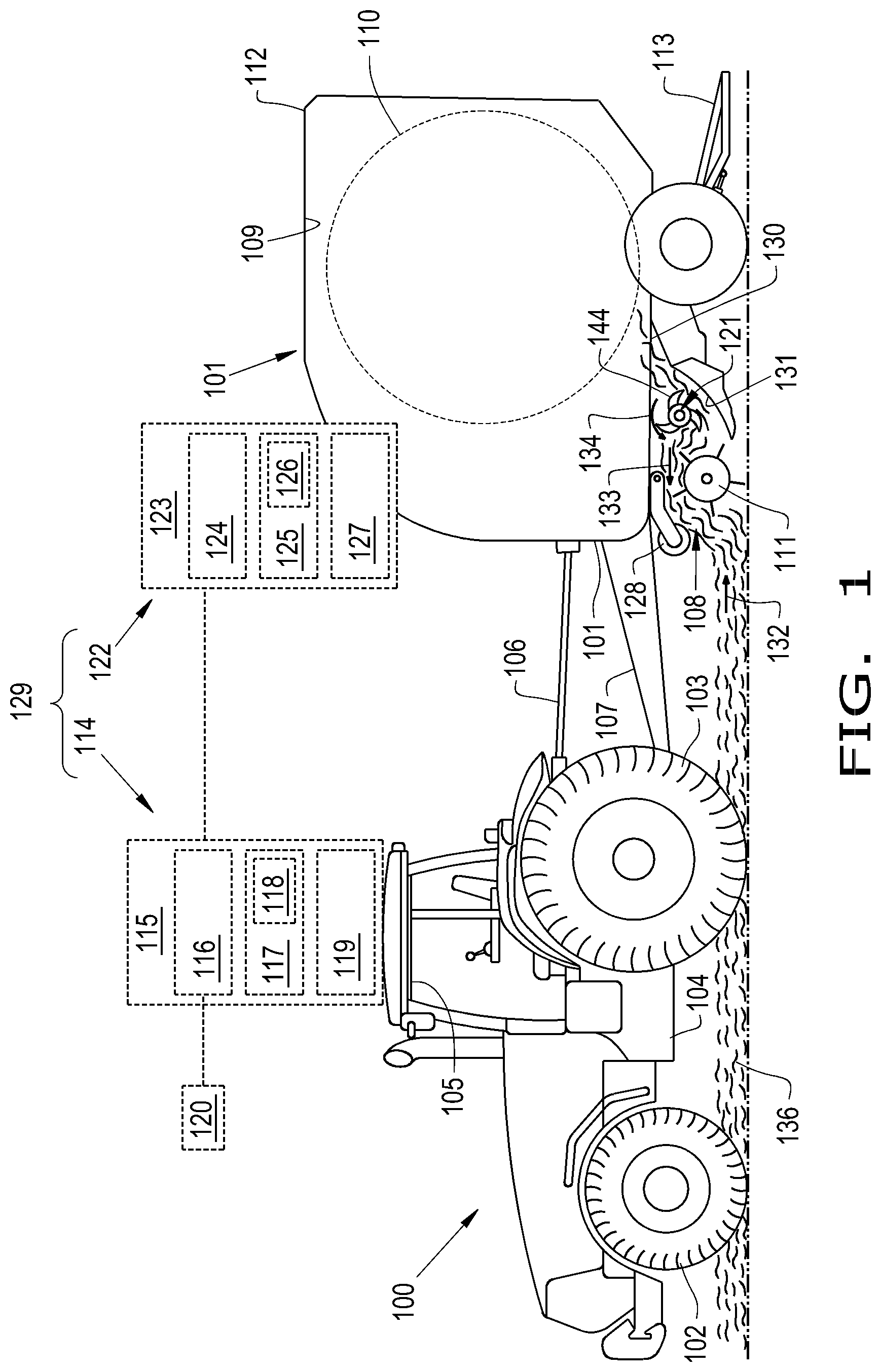 Patent US12396404 Figure 1 – Repositionable windguard assembly for agricultural baler feeder system