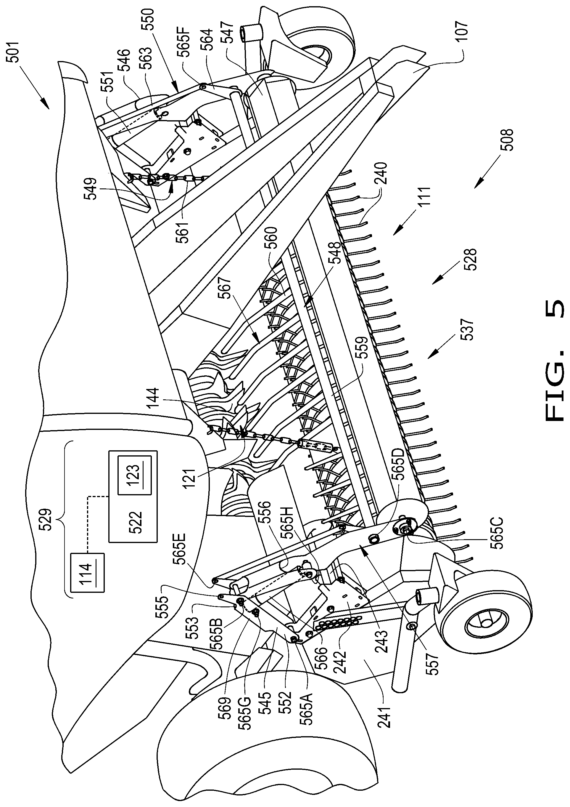 Patent US12396404 Figure 5 – Repositionable windguard assembly for agricultural baler feeder system
