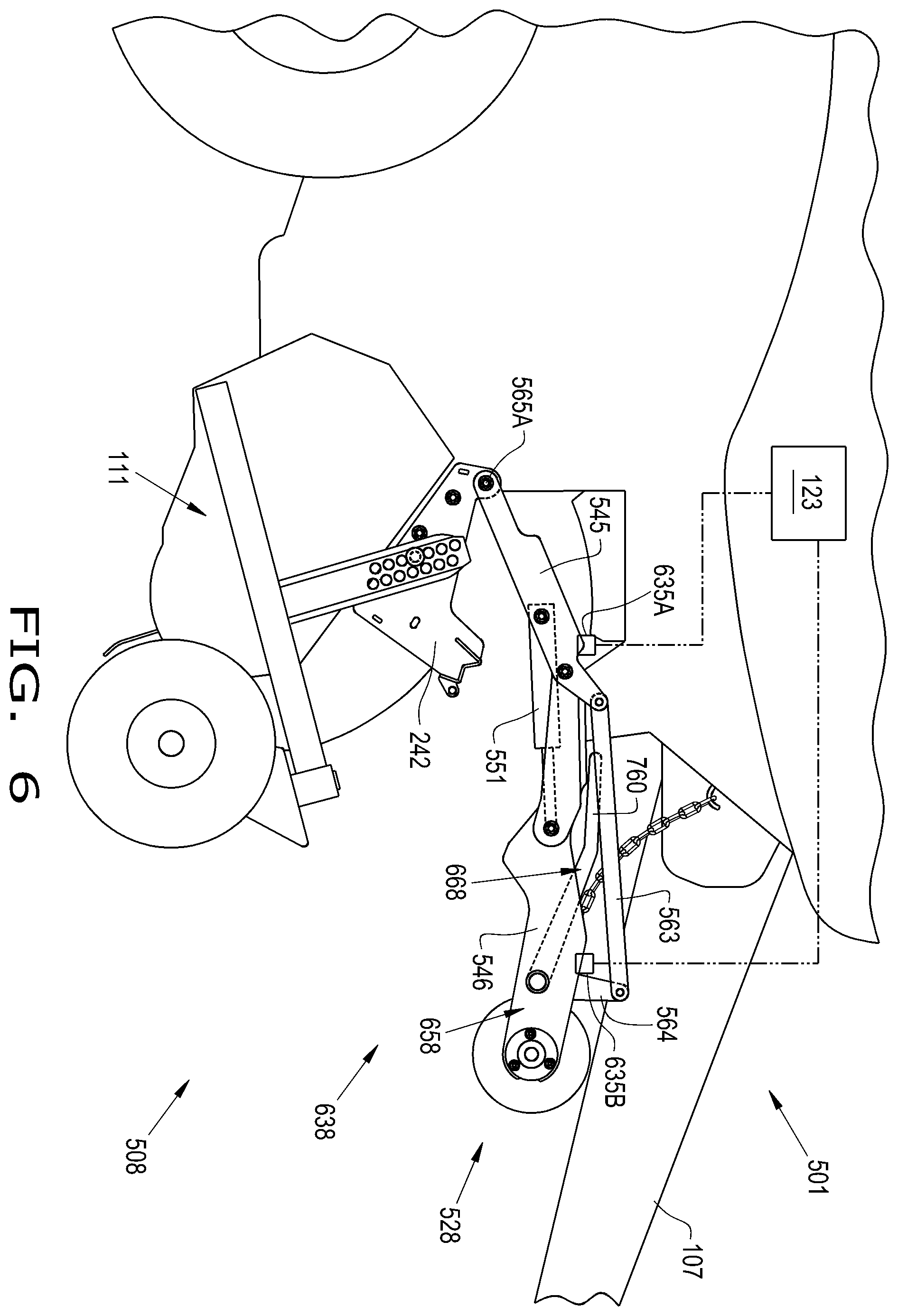 Patent US12396404 Figure 6 – Repositionable windguard assembly for agricultural baler feeder system