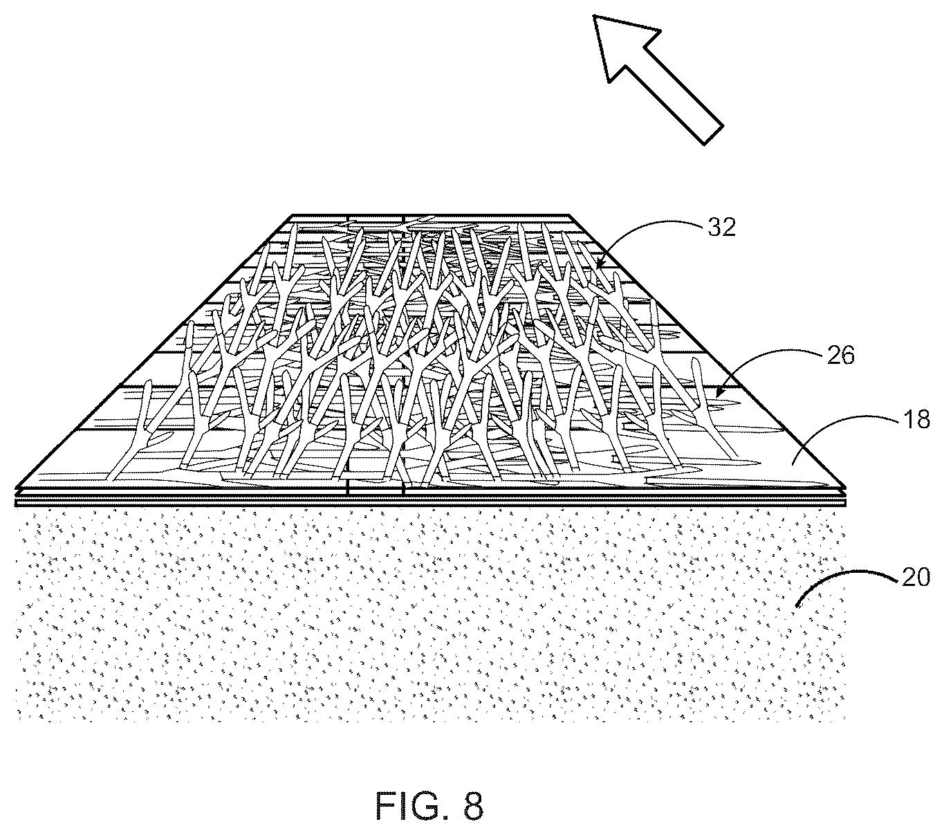 Patent US12396409 Figure 8 – Mycelium growth bed with perforation layer and related method for creating a uniform sheet of mycelium from a solid-state medium