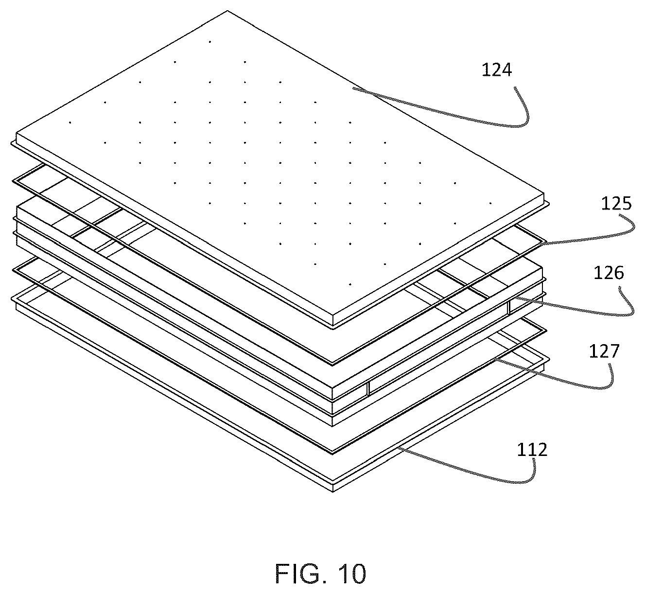 Patent US12396409 Figure 10 – Mycelium growth bed with perforation layer and related method for creating a uniform sheet of mycelium from a solid-state medium