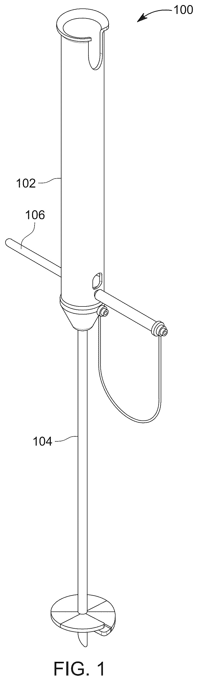 Patent US12396447 Figure 1 – Fishing pole holder with auger tip