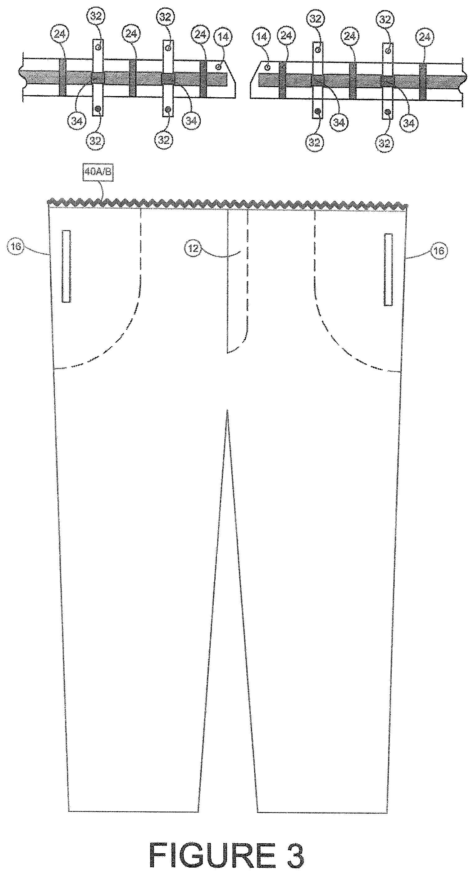 Patent US12396507 Figure 3 – Reinforced separable waistband for uniform garments