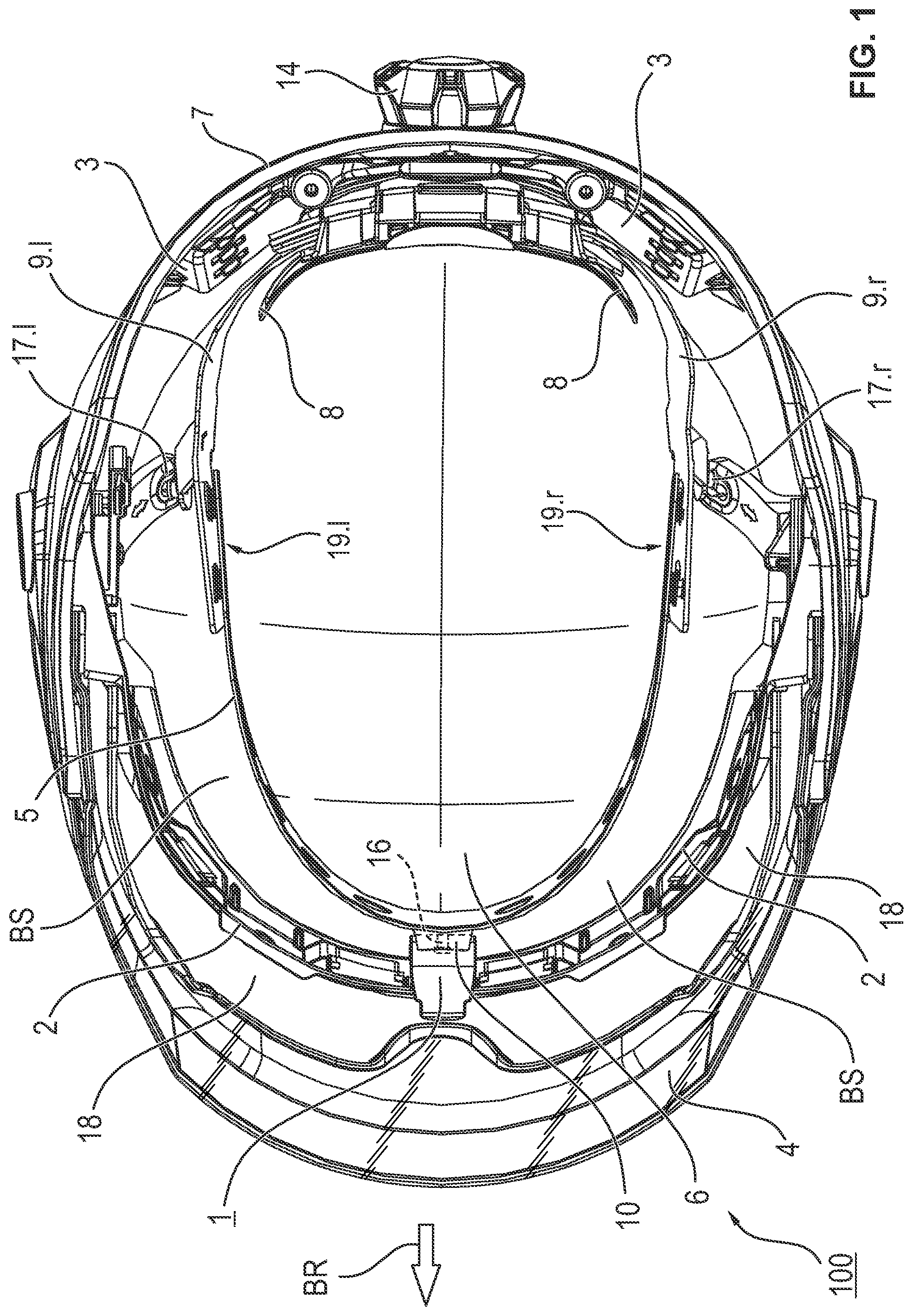 Patent US12396509 Figure 1 – Safety helmet with an intermediate piece for changing the center of gravity and arrangements with such a safety helmet and two alternative intermediate pieces