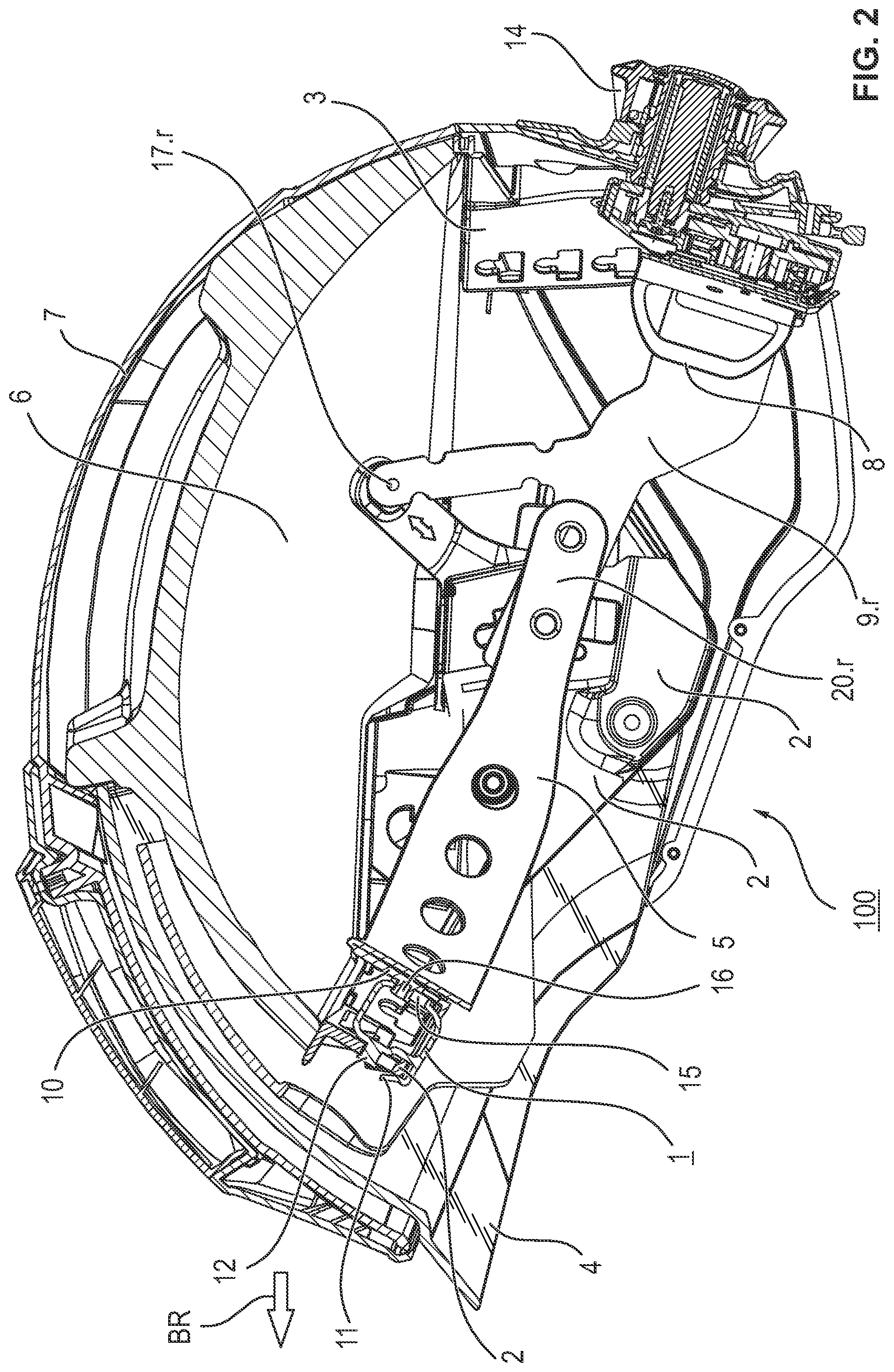 Patent US12396509 Figure 2 – Safety helmet with an intermediate piece for changing the center of gravity and arrangements with such a safety helmet and two alternative intermediate pieces