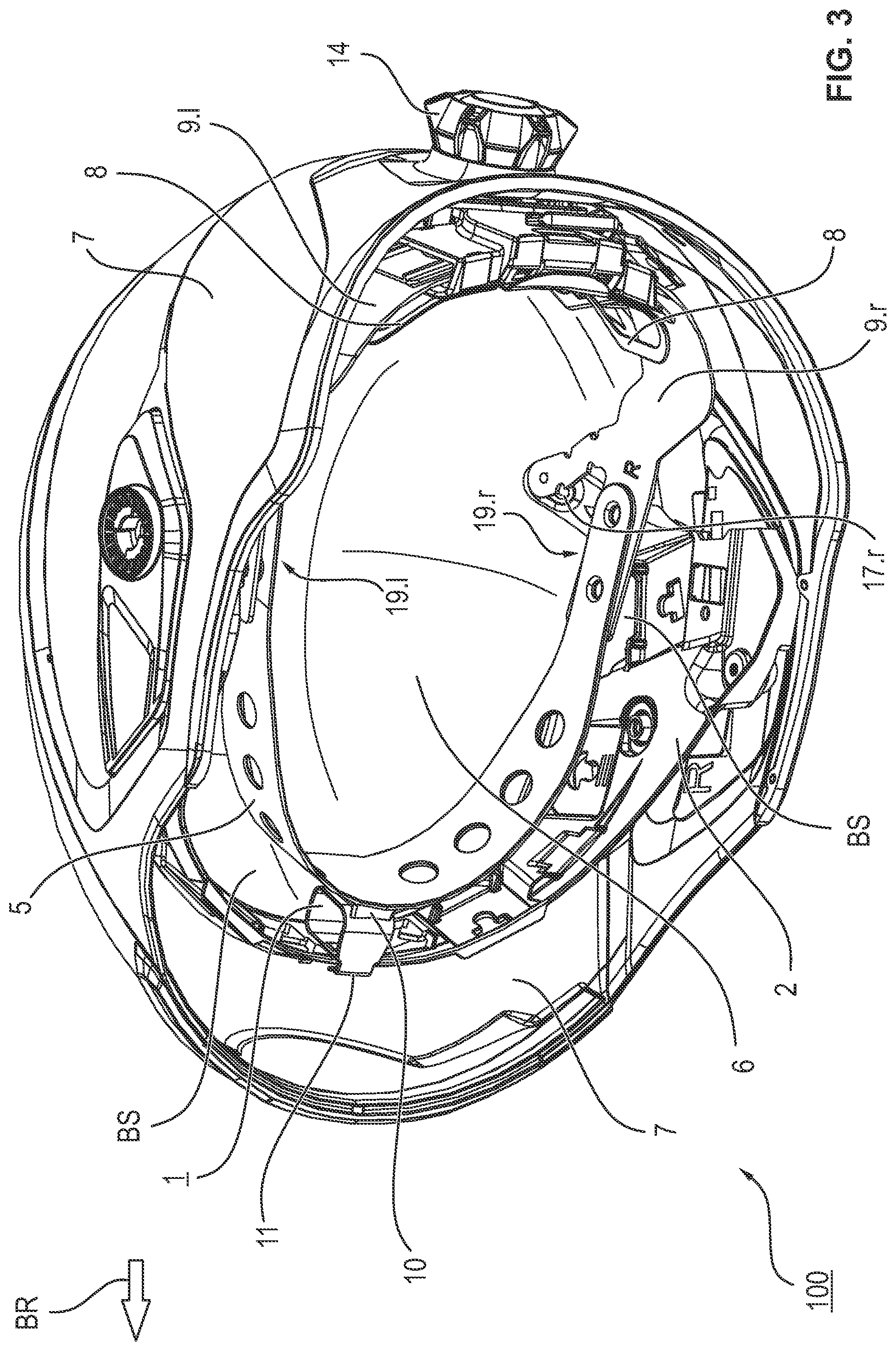 Patent US12396509 Figure 3 – Safety helmet with an intermediate piece for changing the center of gravity and arrangements with such a safety helmet and two alternative intermediate pieces