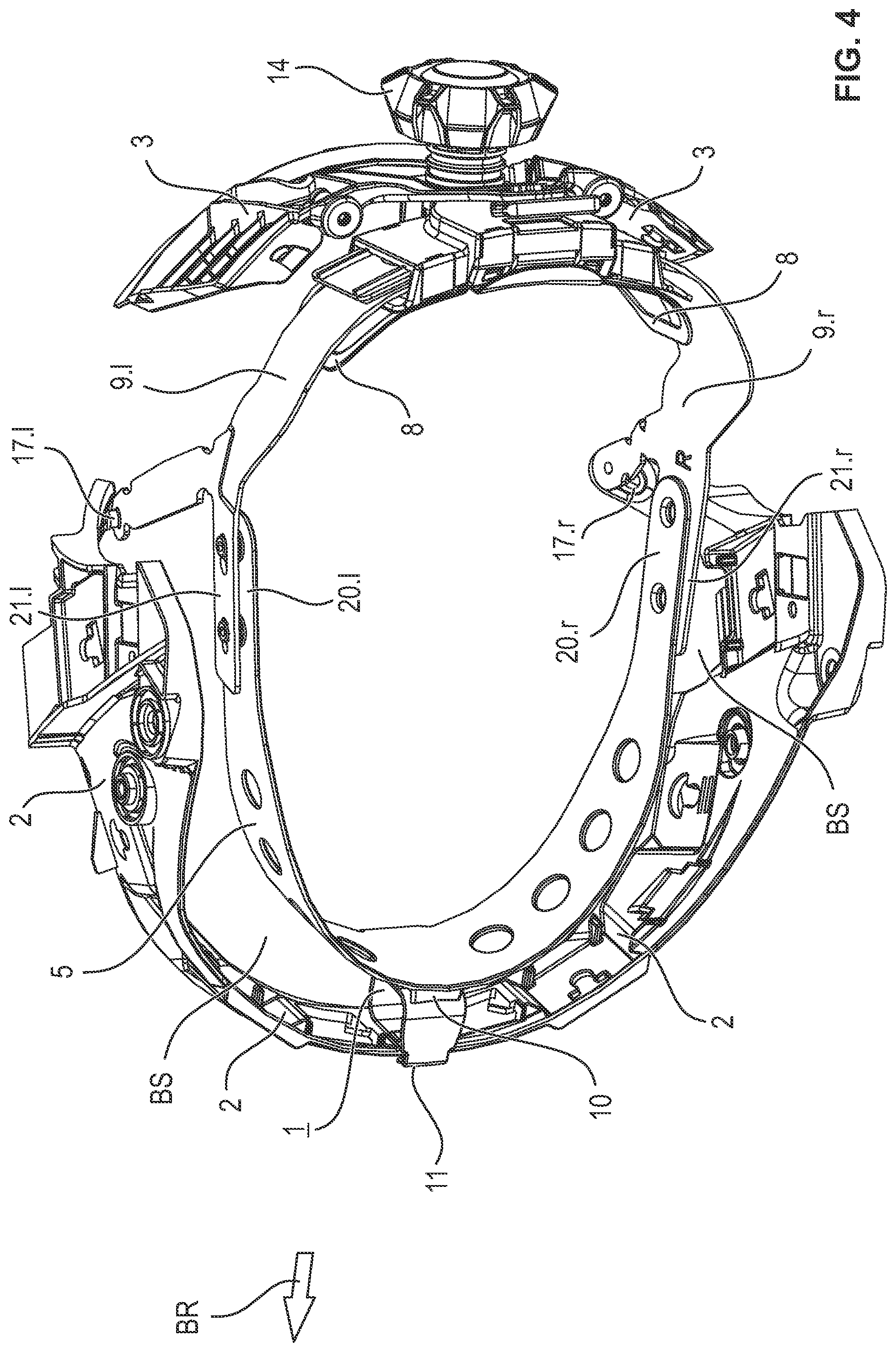 Patent US12396509 Figure 4 – Safety helmet with an intermediate piece for changing the center of gravity and arrangements with such a safety helmet and two alternative intermediate pieces