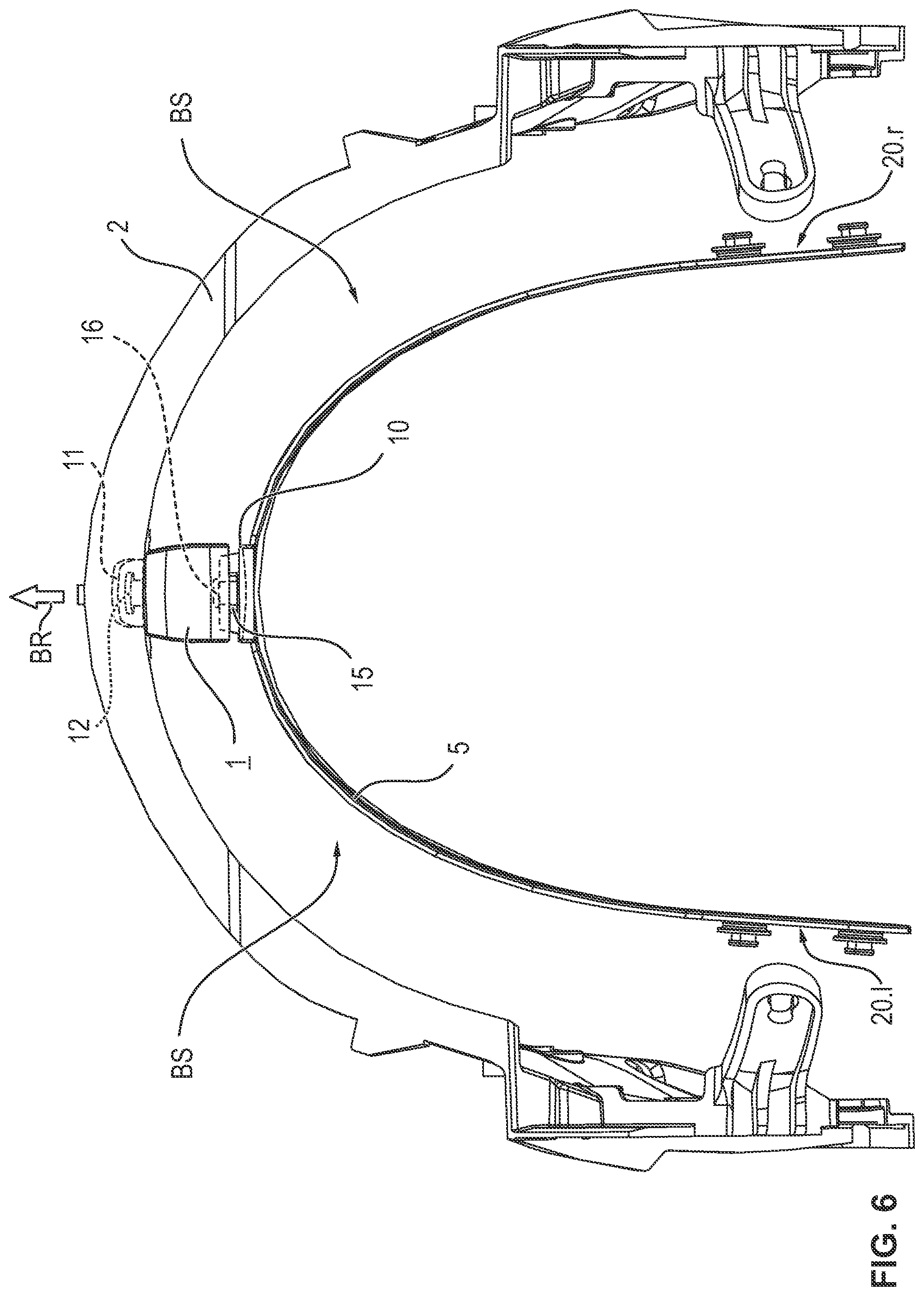 Patent US12396509 Figure 7 – Safety helmet with an intermediate piece for changing the center of gravity and arrangements with such a safety helmet and two alternative intermediate pieces