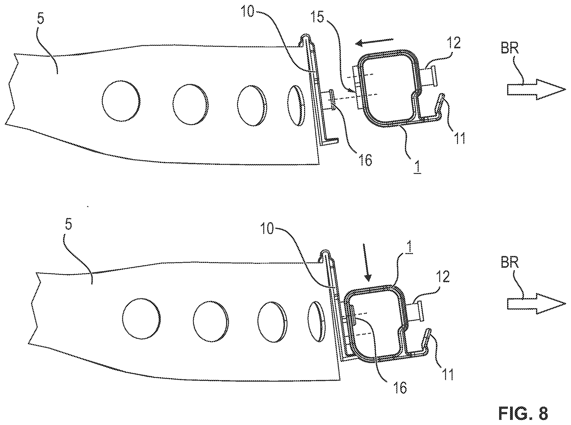 Patent US12396509 Figure 9 – Safety helmet with an intermediate piece for changing the center of gravity and arrangements with such a safety helmet and two alternative intermediate pieces
