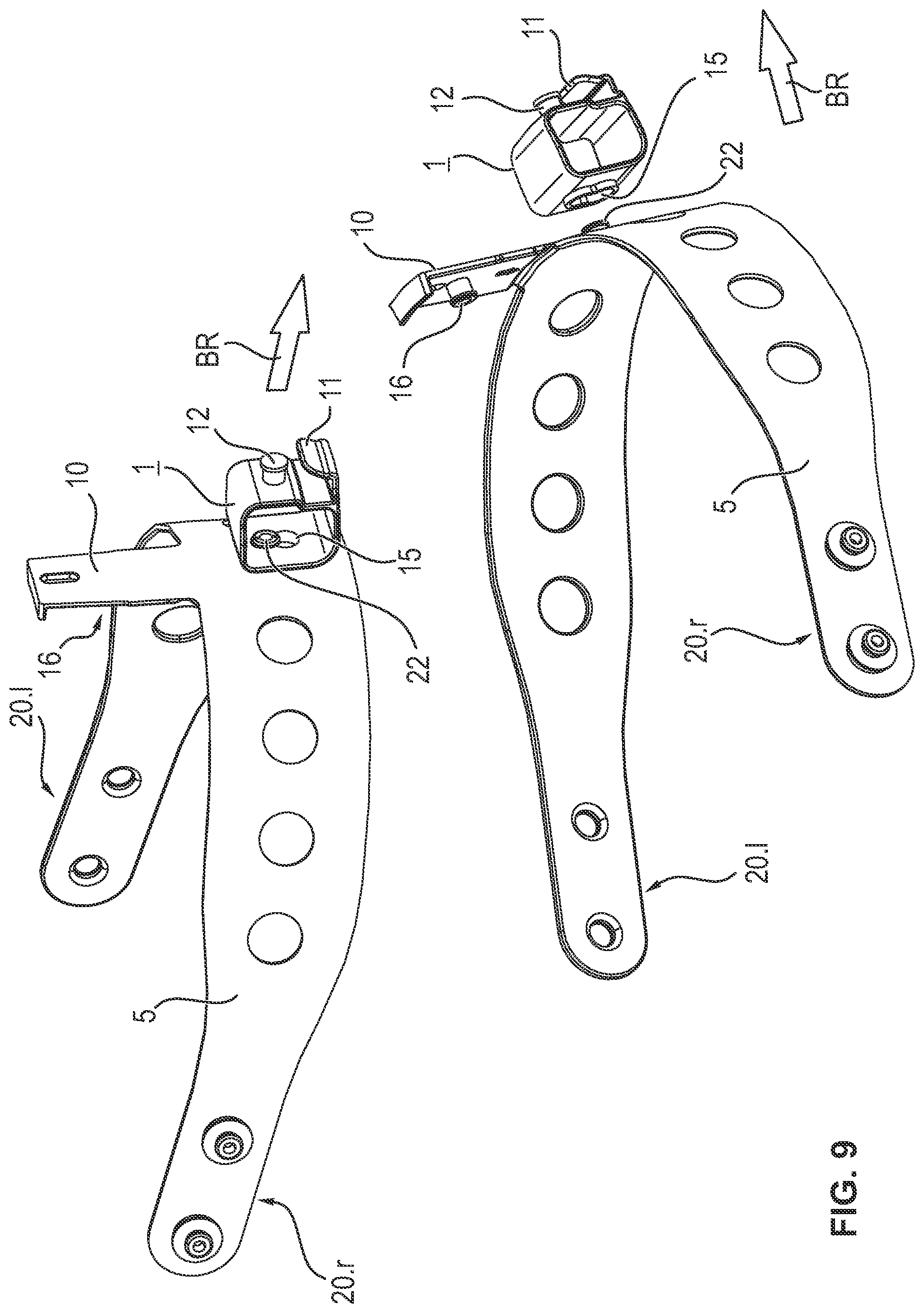 Patent US12396509 Figure 10 – Safety helmet with an intermediate piece for changing the center of gravity and arrangements with such a safety helmet and two alternative intermediate pieces