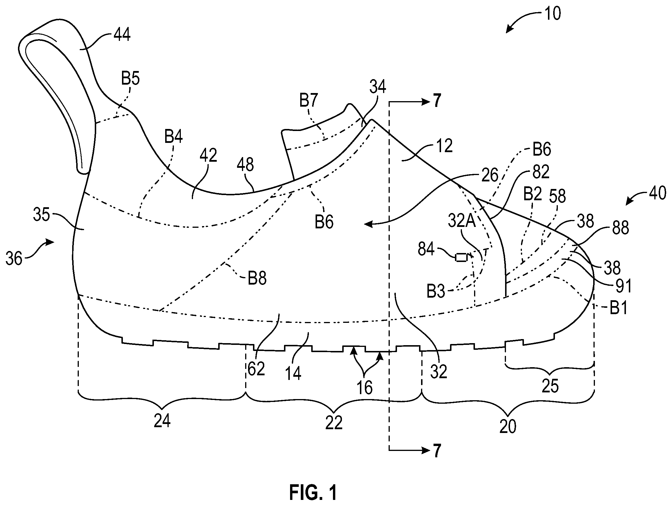 Patent US12396513 Figure 1 – Article of footwear with integrally-knitted upper and sole including grip yarn and method of manufacturing
