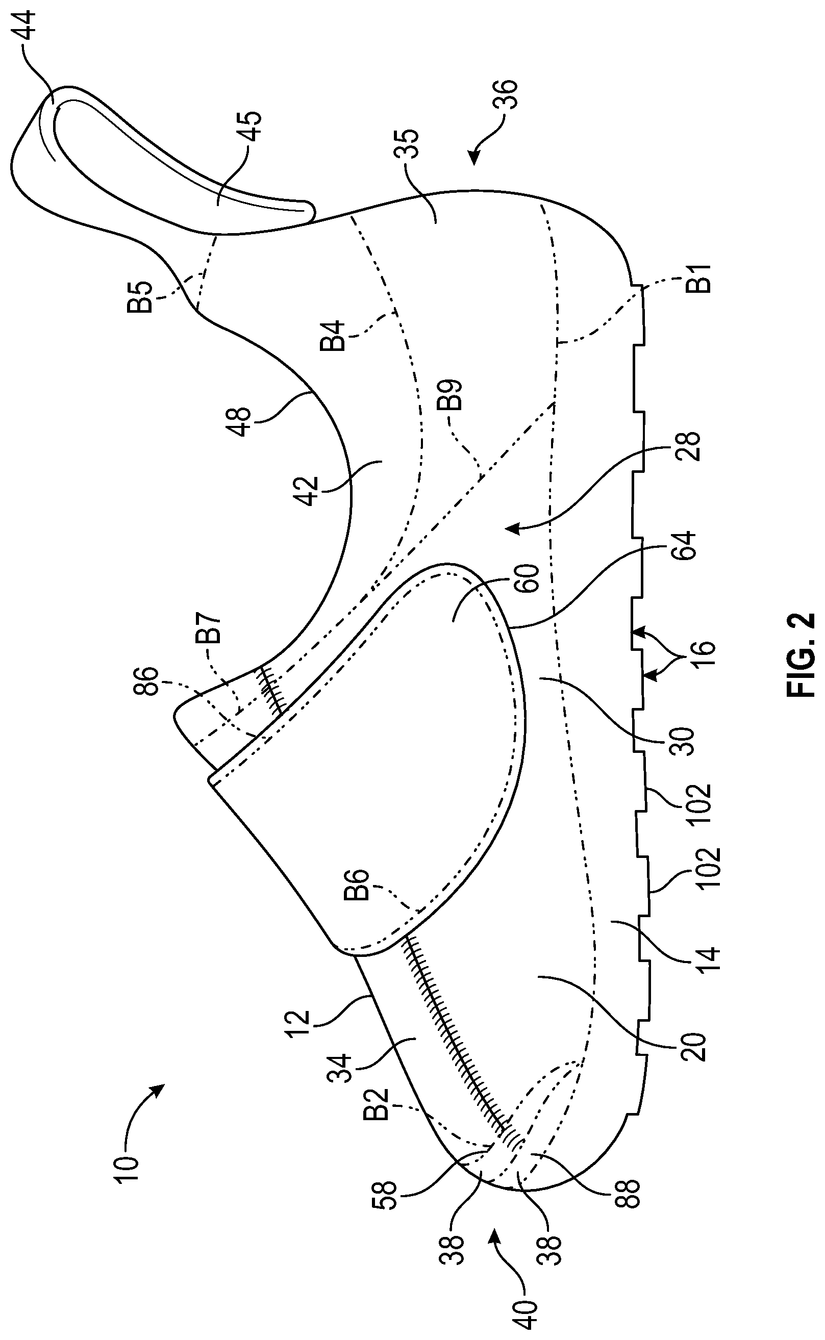 Patent US12396513 Figure 2 – Article of footwear with integrally-knitted upper and sole including grip yarn and method of manufacturing