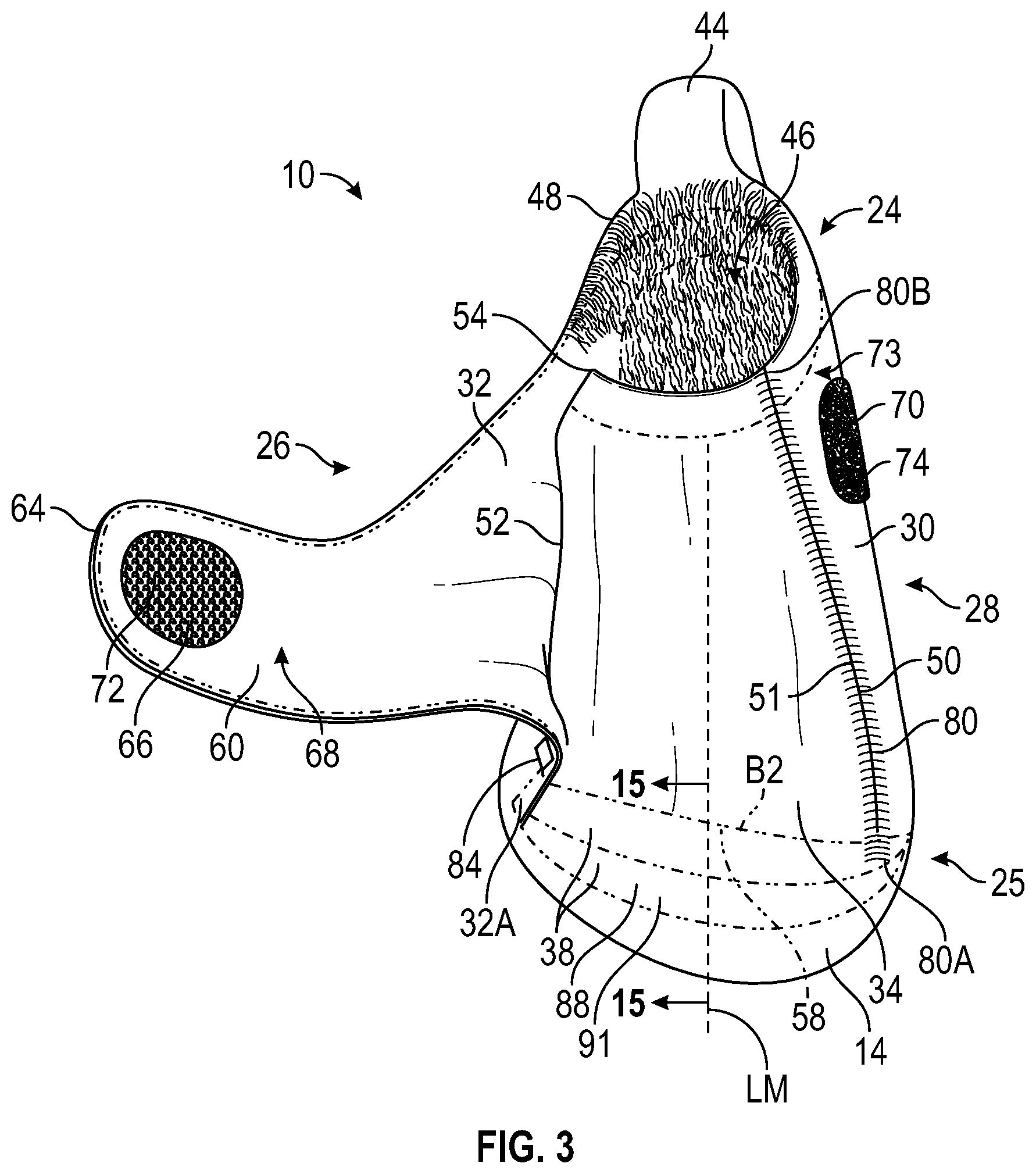 Patent US12396513 Figure 3 – Article of footwear with integrally-knitted upper and sole including grip yarn and method of manufacturing