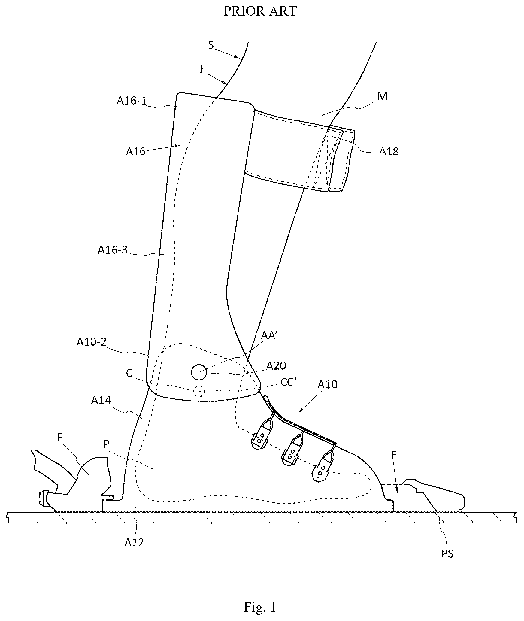 Patent US12396514 Figure 1 – Device for connecting the lower leg of a skier to a ski binding, and footwear assembly incorporating said device