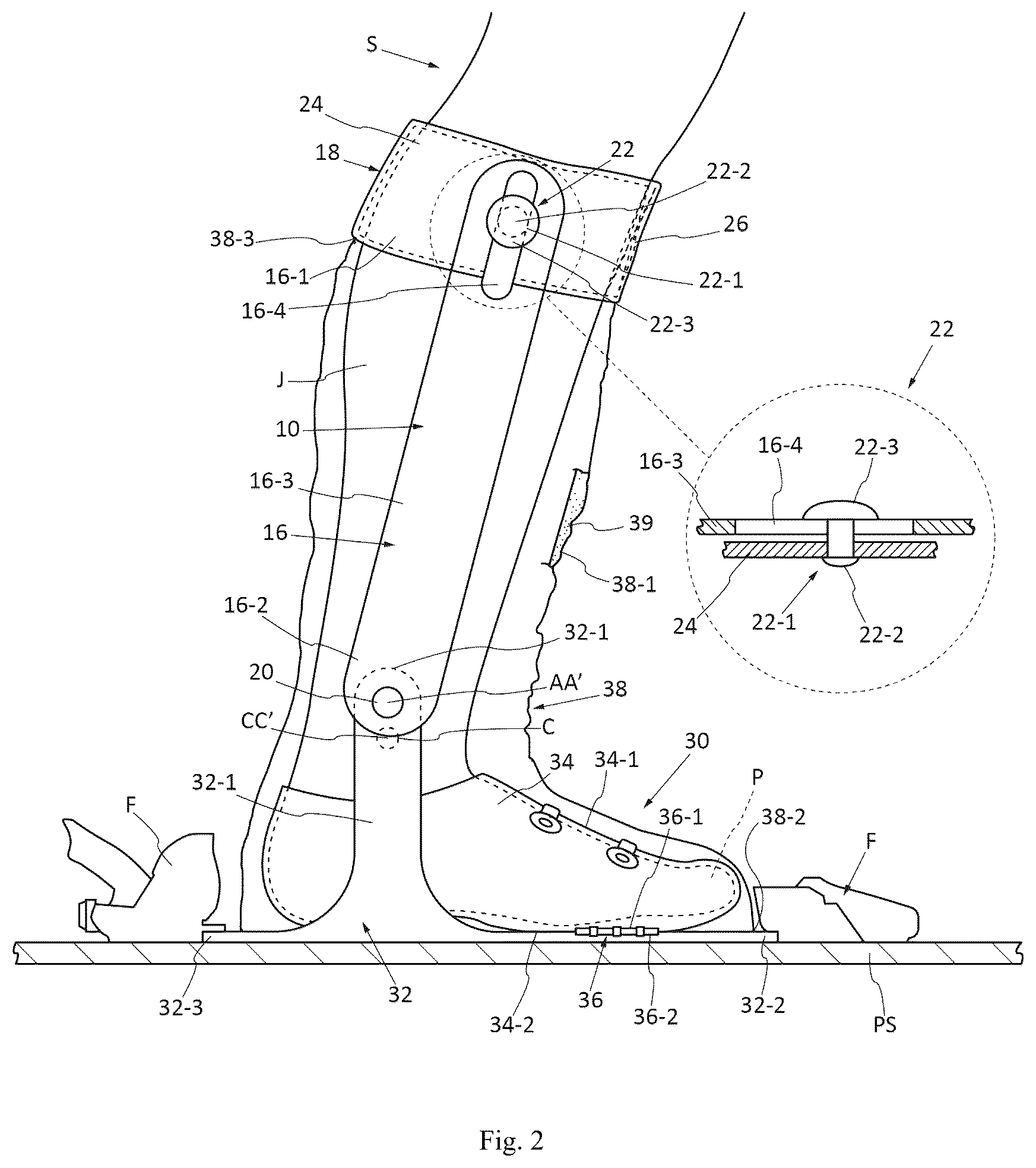 Patent US12396514 Figure 2 – Device for connecting the lower leg of a skier to a ski binding, and footwear assembly incorporating said device