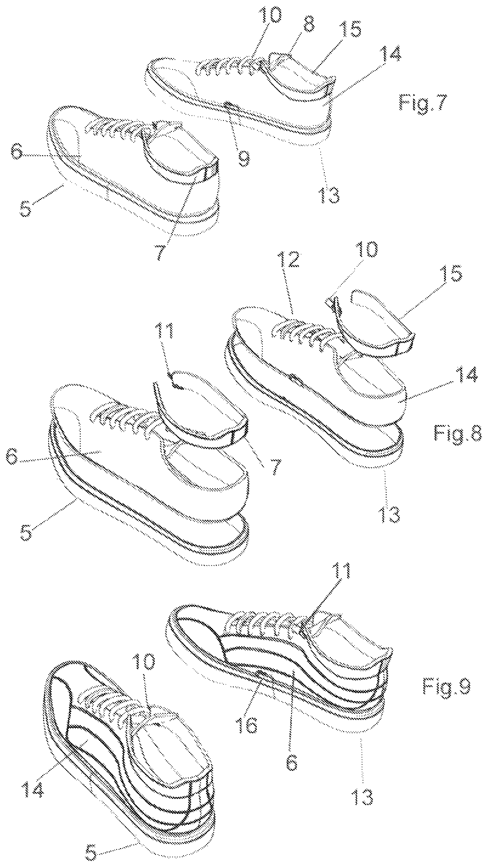 Patent US12396516 Figure 3 – Modular system for composing footwear assembled by combining at least two interchangeable modules connected in a removable way by connecting means