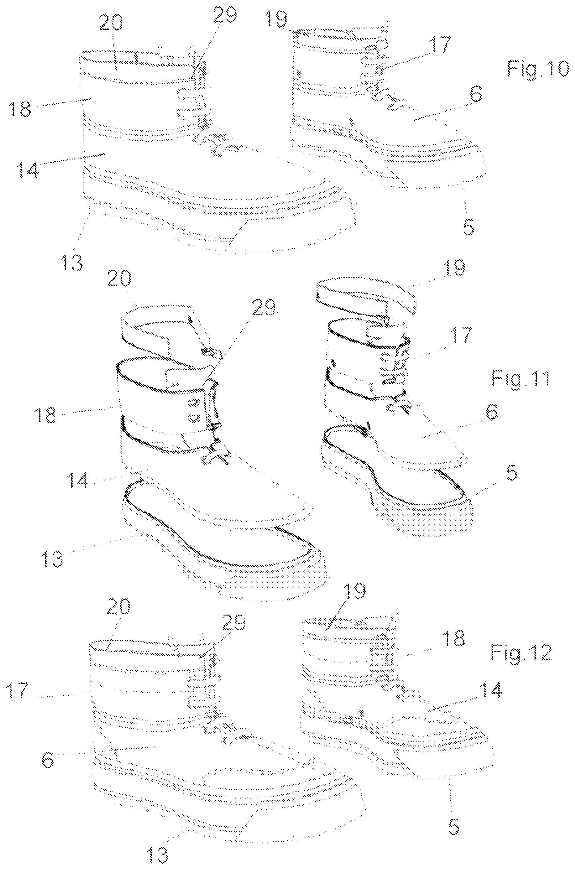 Patent US12396516 Figure 4 – Modular system for composing footwear assembled by combining at least two interchangeable modules connected in a removable way by connecting means