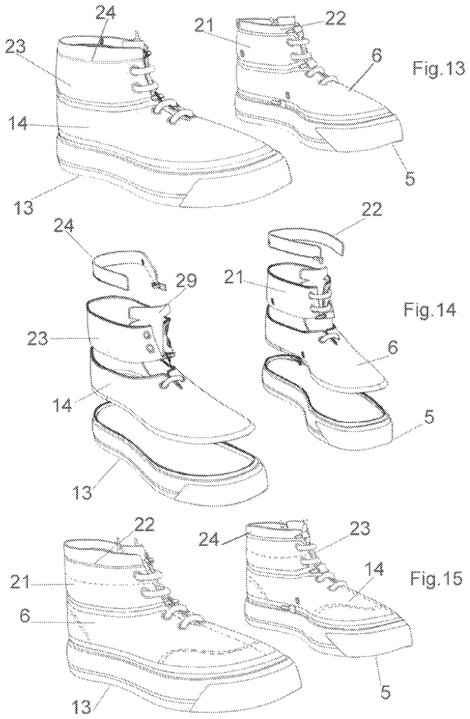 Patent US12396516 Figure 5 – Modular system for composing footwear assembled by combining at least two interchangeable modules connected in a removable way by connecting means