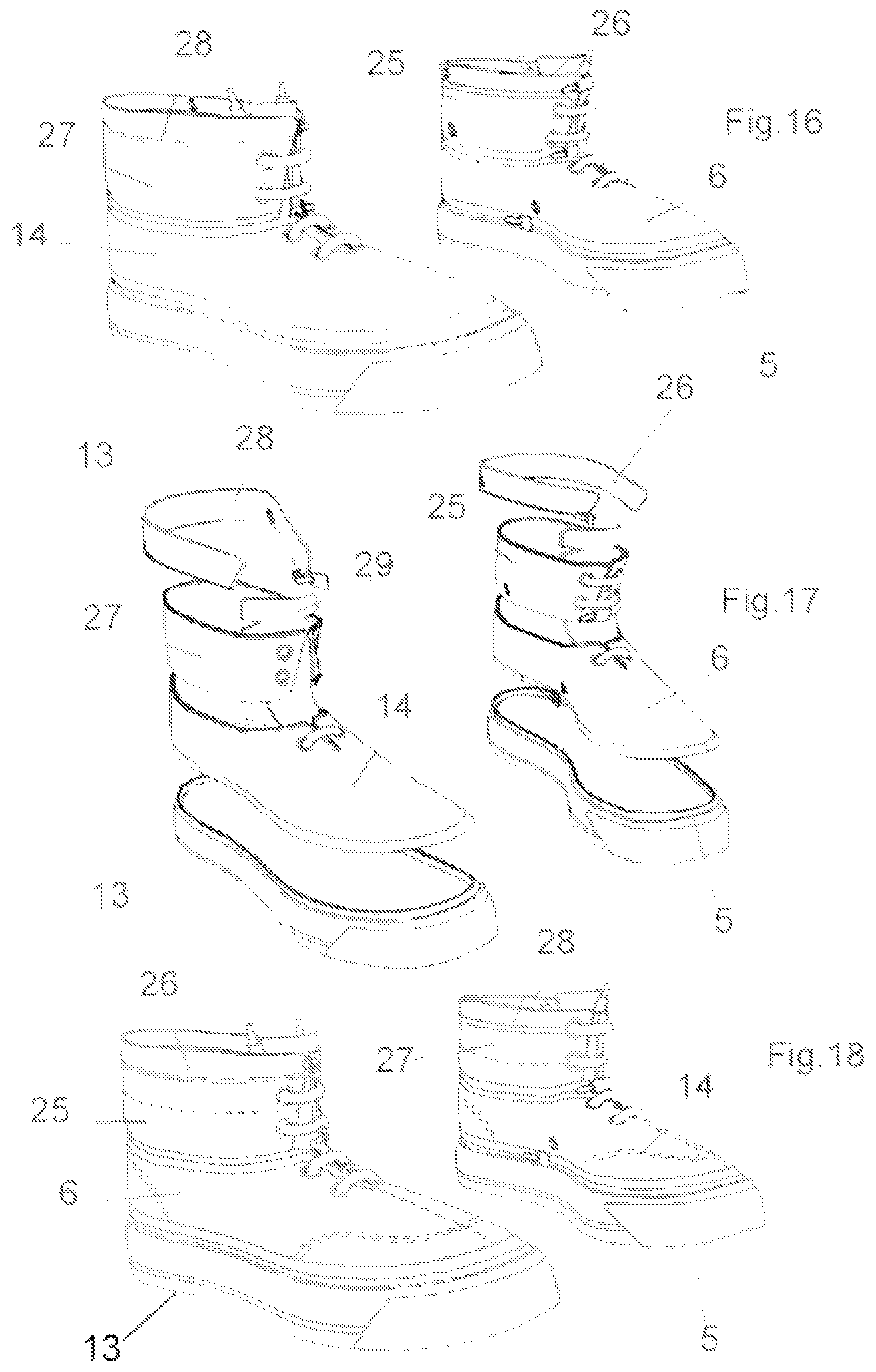 Patent US12396516 Figure 6 – Modular system for composing footwear assembled by combining at least two interchangeable modules connected in a removable way by connecting means
