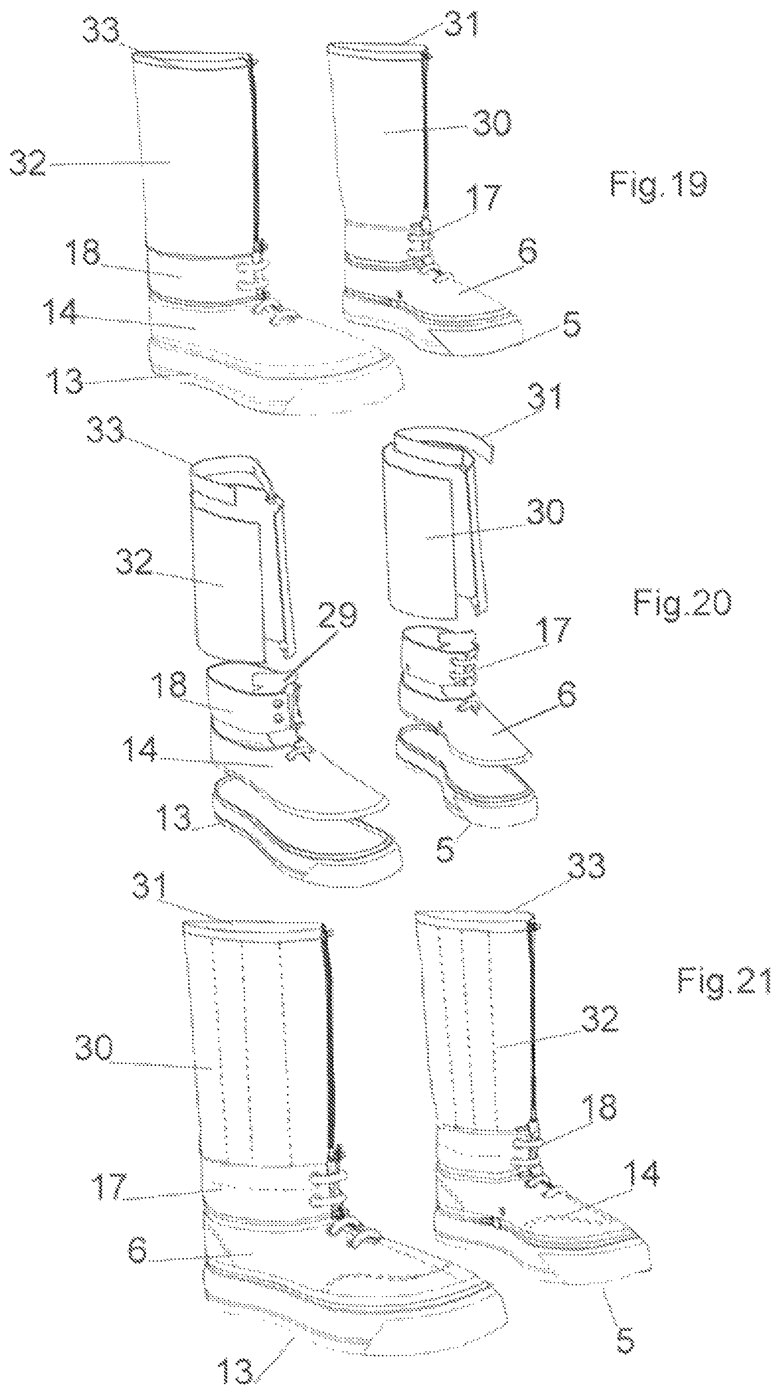 Patent US12396516 Figure 7 – Modular system for composing footwear assembled by combining at least two interchangeable modules connected in a removable way by connecting means