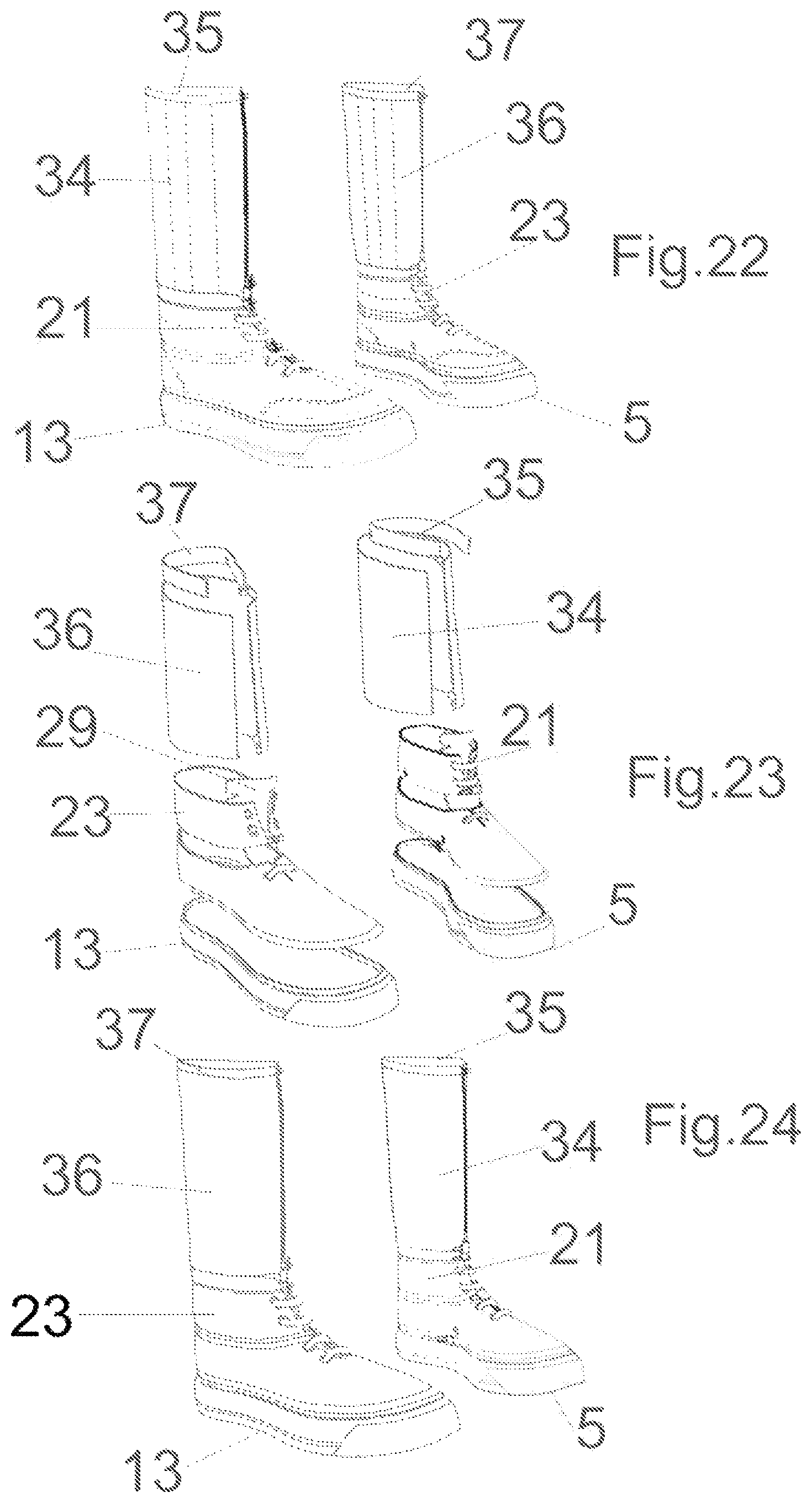 Patent US12396516 Figure 8 – Modular system for composing footwear assembled by combining at least two interchangeable modules connected in a removable way by connecting means