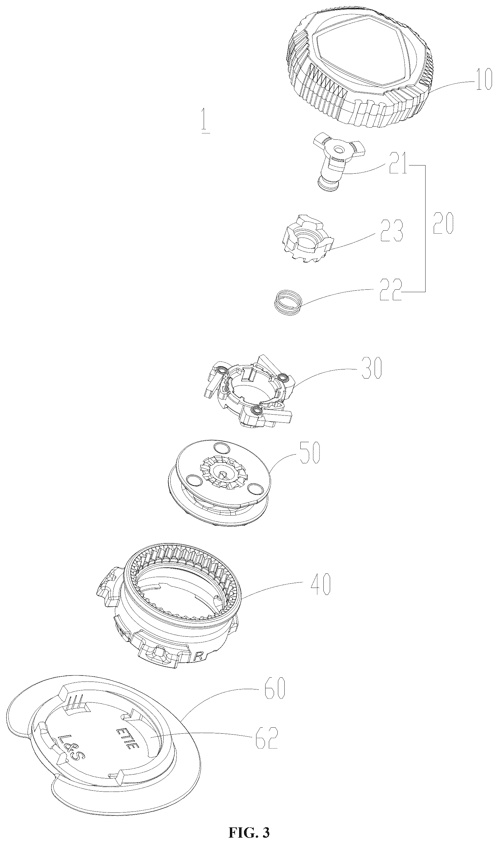 Patent US12396519 Figure 3 – Pawl disc, lace tightening and loosening device, wearable clothing, and storage device
