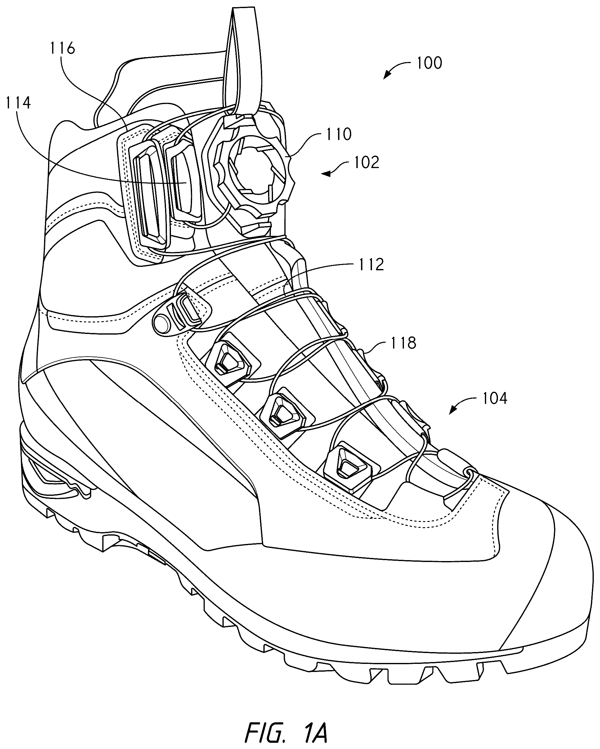 Patent US12396520 Figure 1 – Configurations for footwear employing reel based closure systems