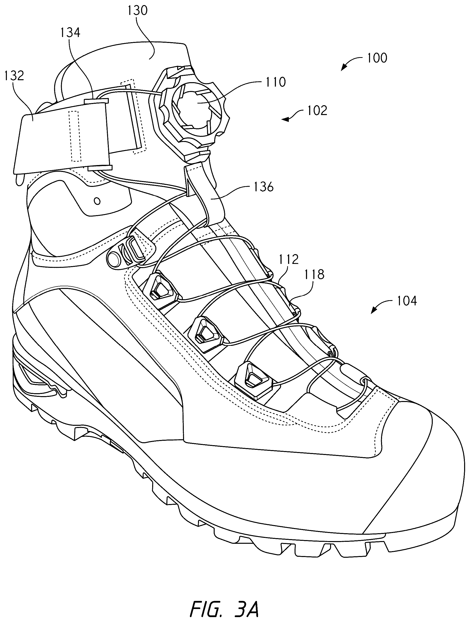 Patent US12396520 Figure 5 – Configurations for footwear employing reel based closure systems