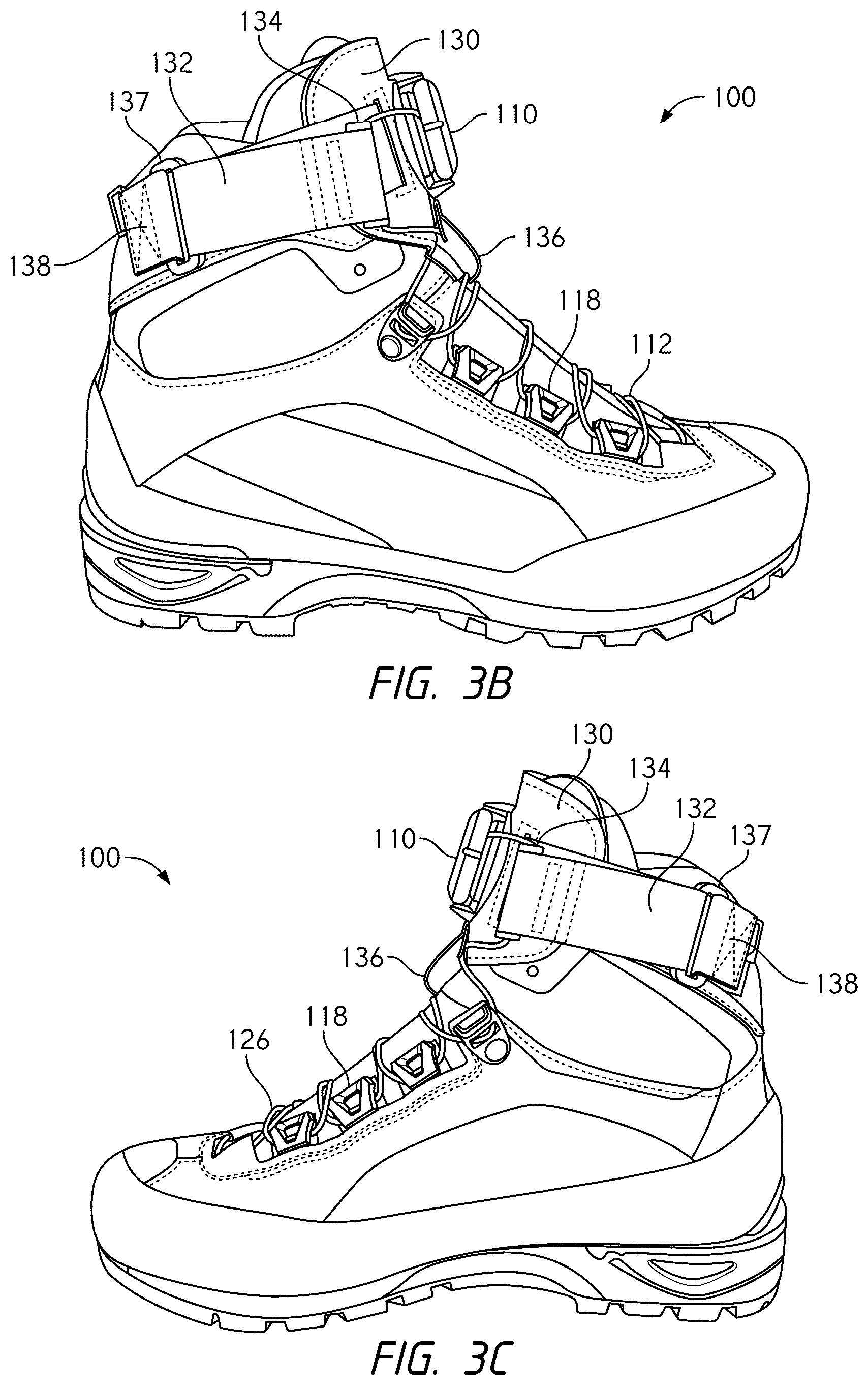 Patent US12396520 Figure 6 – Configurations for footwear employing reel based closure systems
