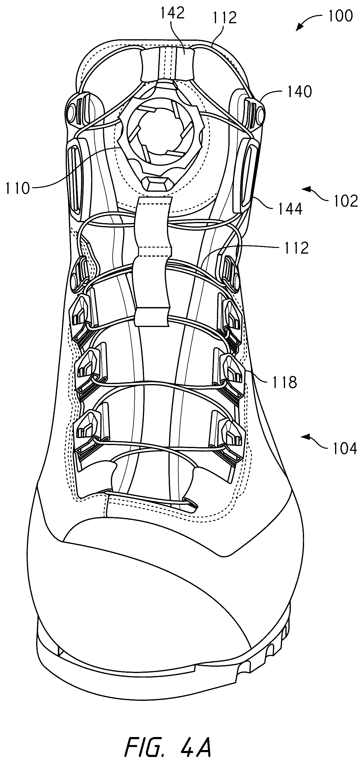 Patent US12396520 Figure 7 – Configurations for footwear employing reel based closure systems