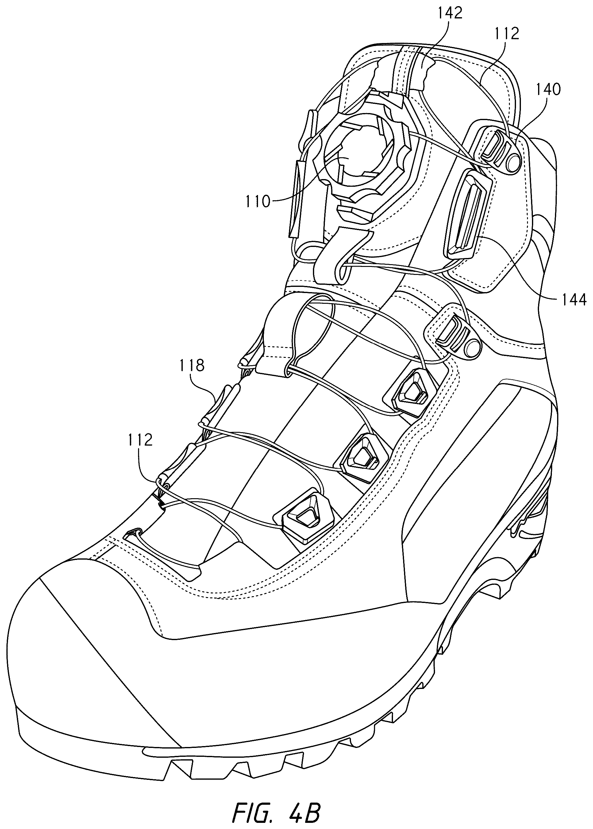 Patent US12396520 Figure 8 – Configurations for footwear employing reel based closure systems
