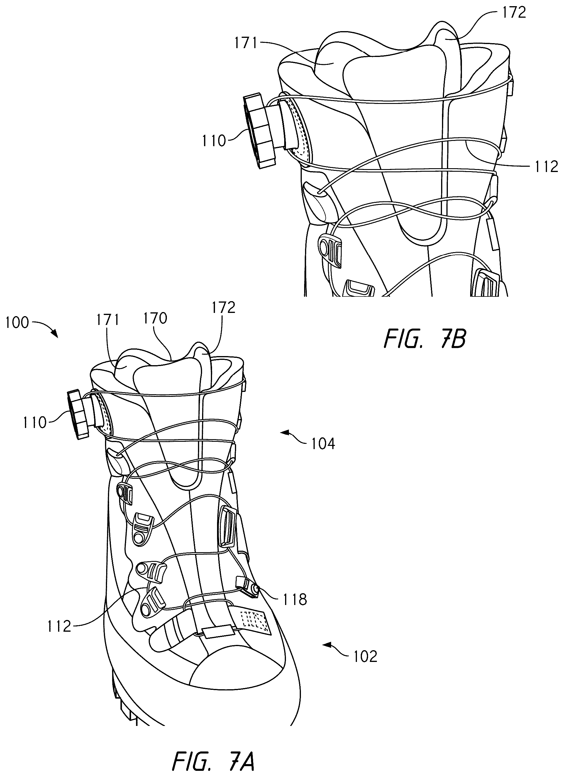 Patent US12396520 Figure 13 – Configurations for footwear employing reel based closure systems