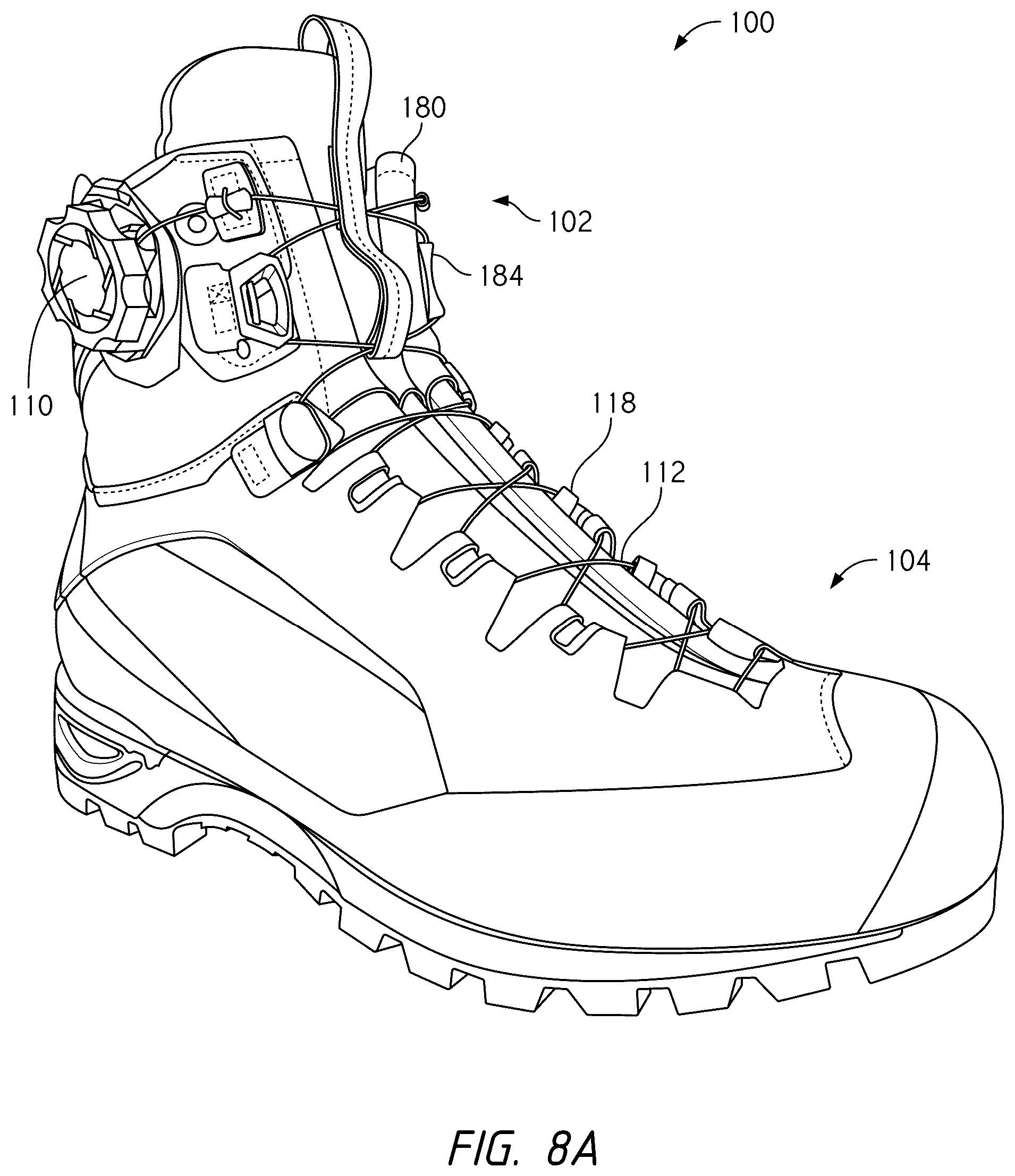 Patent US12396520 Figure 14 – Configurations for footwear employing reel based closure systems