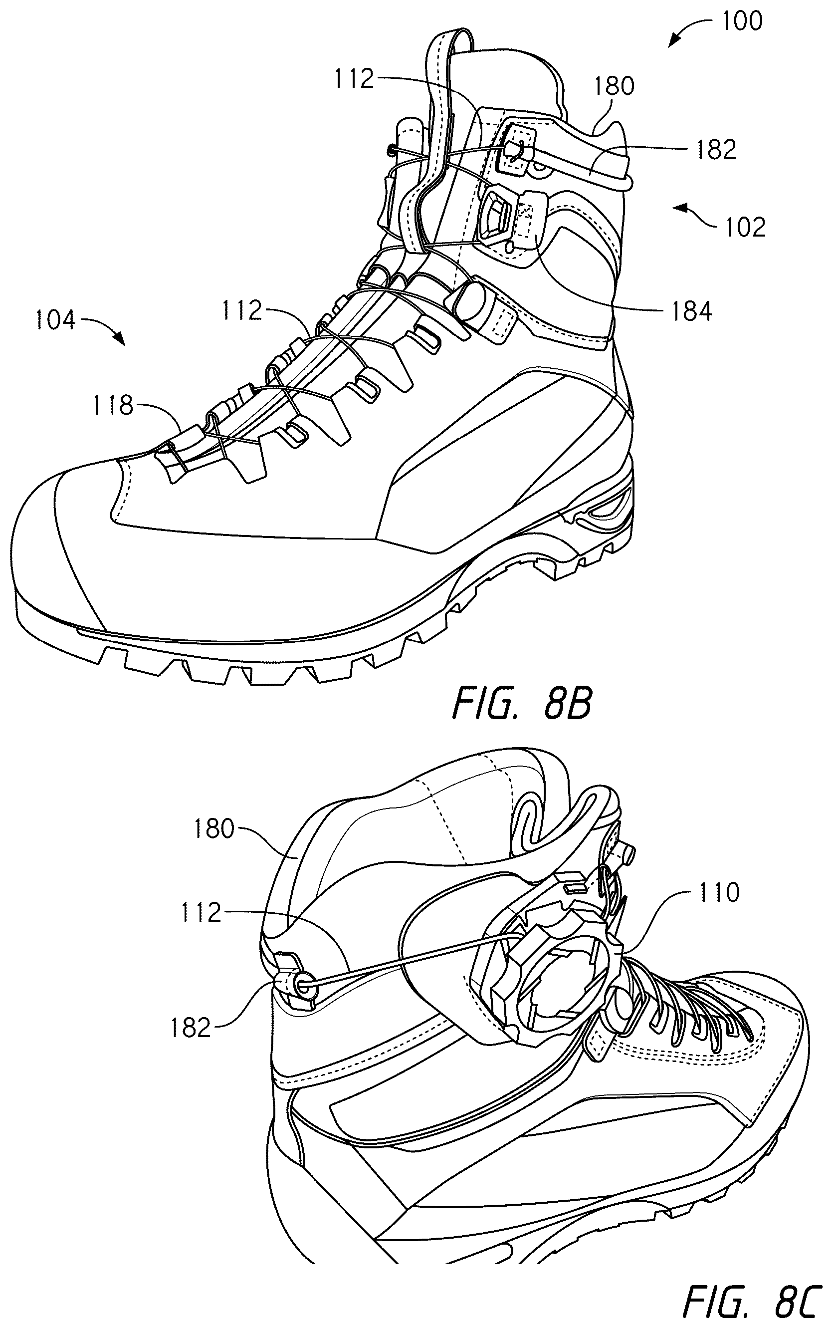 Patent US12396520 Figure 15 – Configurations for footwear employing reel based closure systems