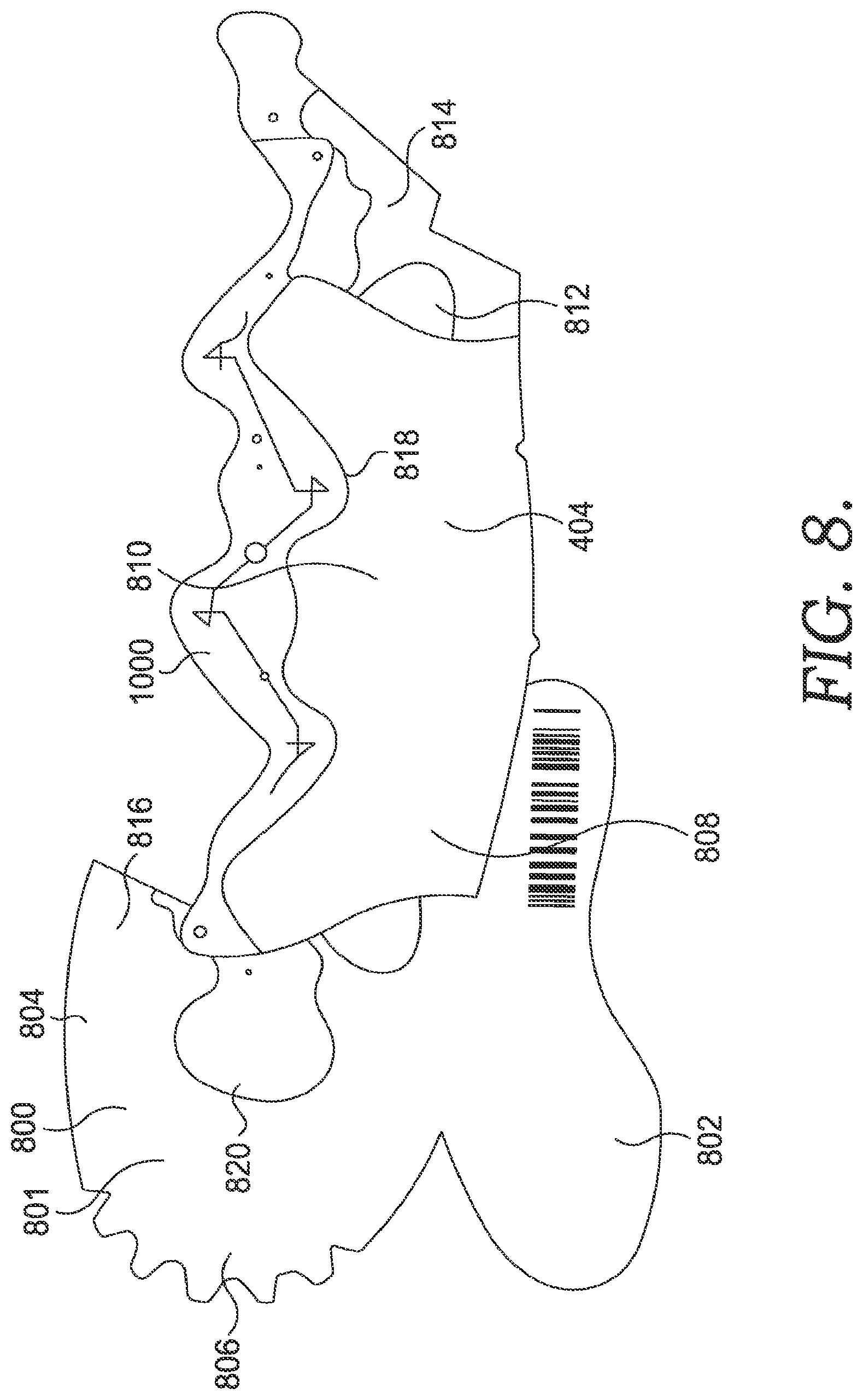 Patent US12396524 Figure 8 – Footwear manufacturing with a nested flat pattern upper
