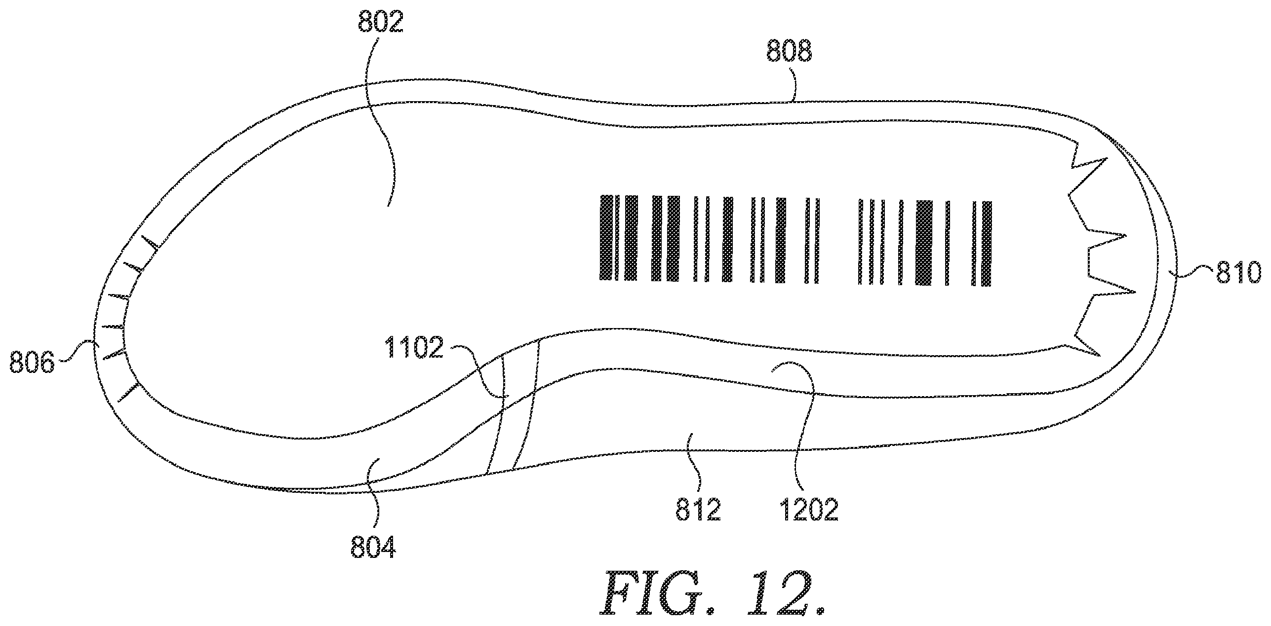 Patent US12396524 Figure 12 – Footwear manufacturing with a nested flat pattern upper