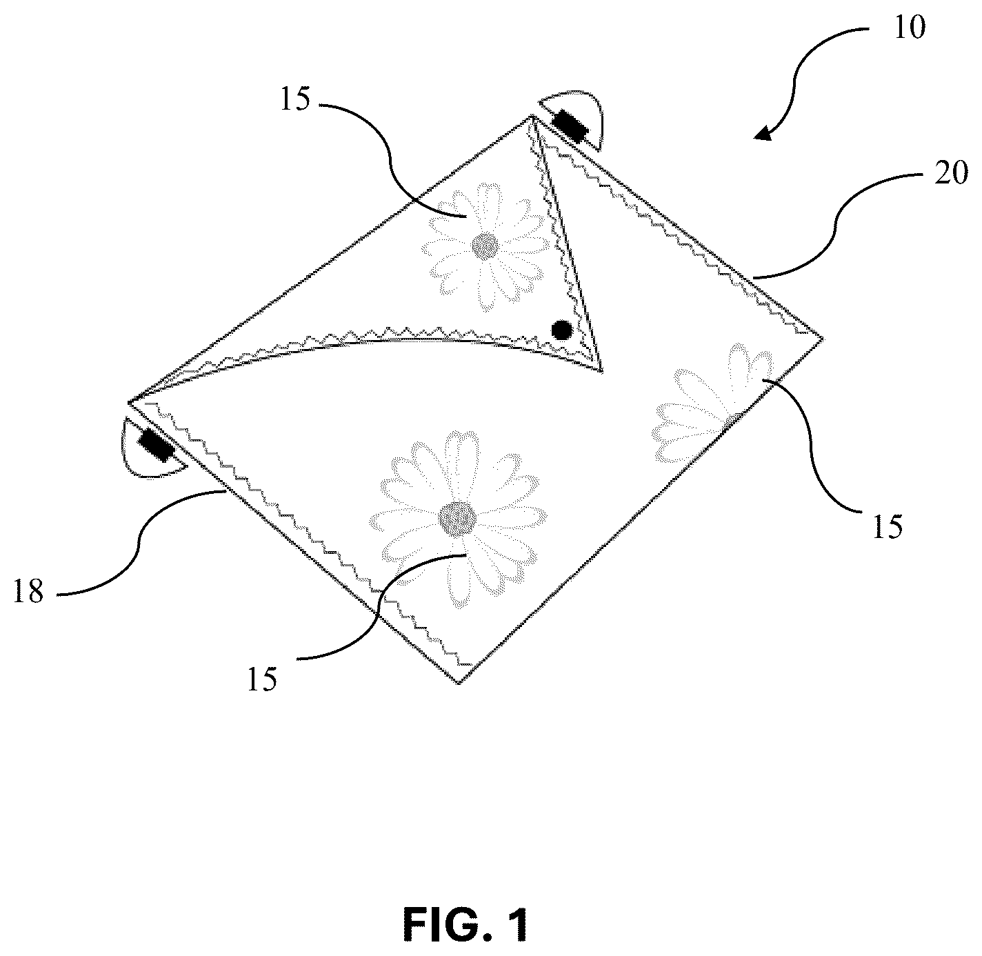 Patent US12396537 Figure 1 – Sealed textile articles containing pressed flowers and processes for making such articles