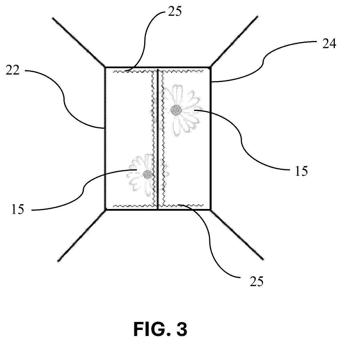 Patent US12396537 Figure 3 – Sealed textile articles containing pressed flowers and processes for making such articles