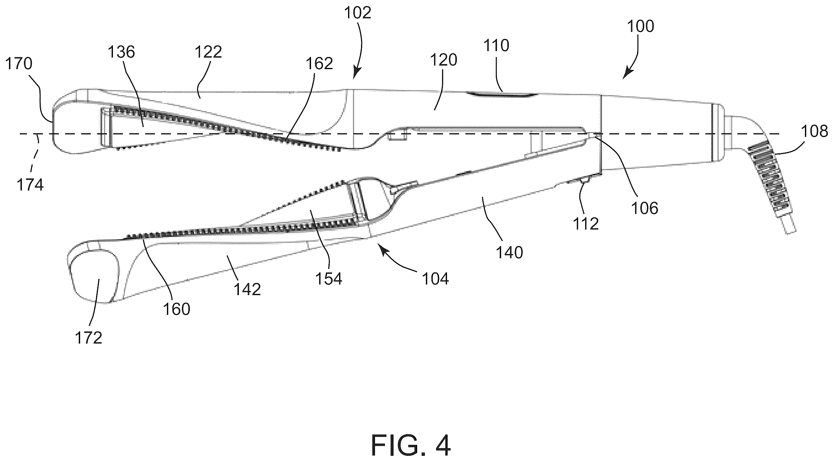 Patent US12396538 Figure 4 – Hair styler including hinged arms having twisted hair contact surfaces