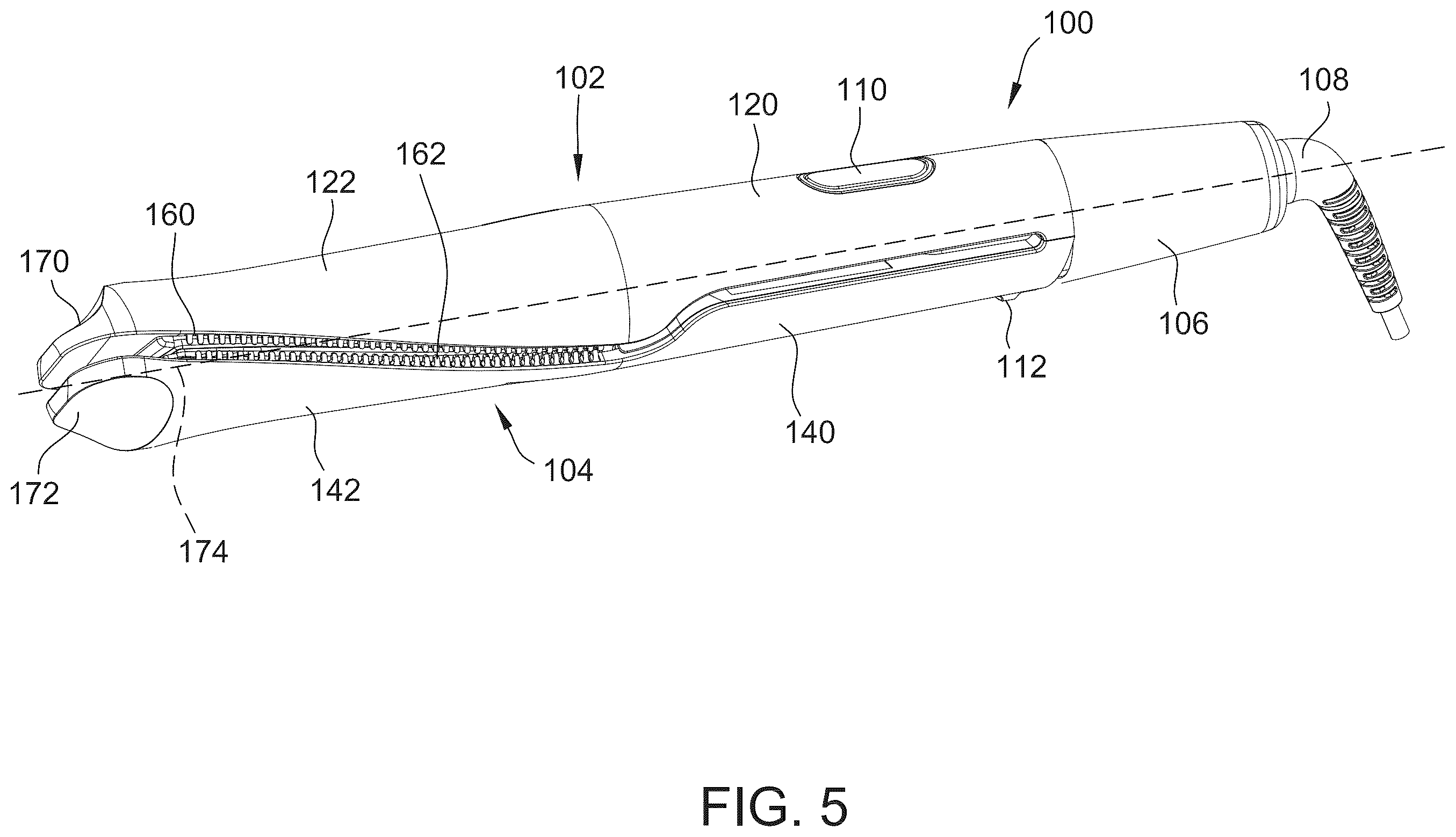 Patent US12396538 Figure 5 – Hair styler including hinged arms having twisted hair contact surfaces