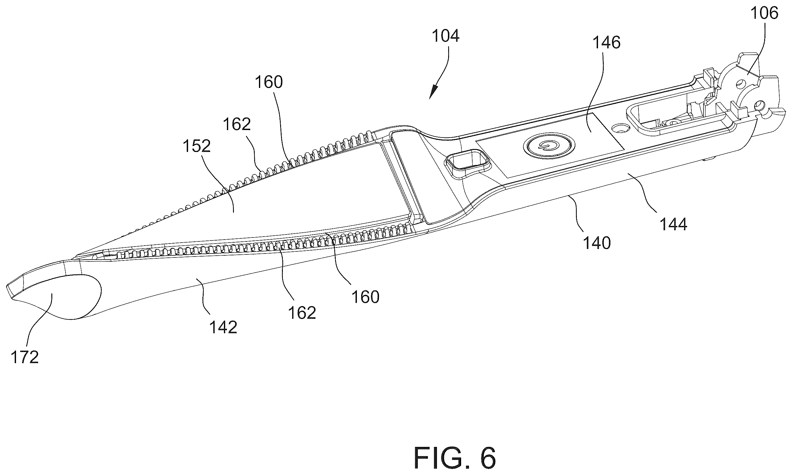 Patent US12396538 Figure 6 – Hair styler including hinged arms having twisted hair contact surfaces