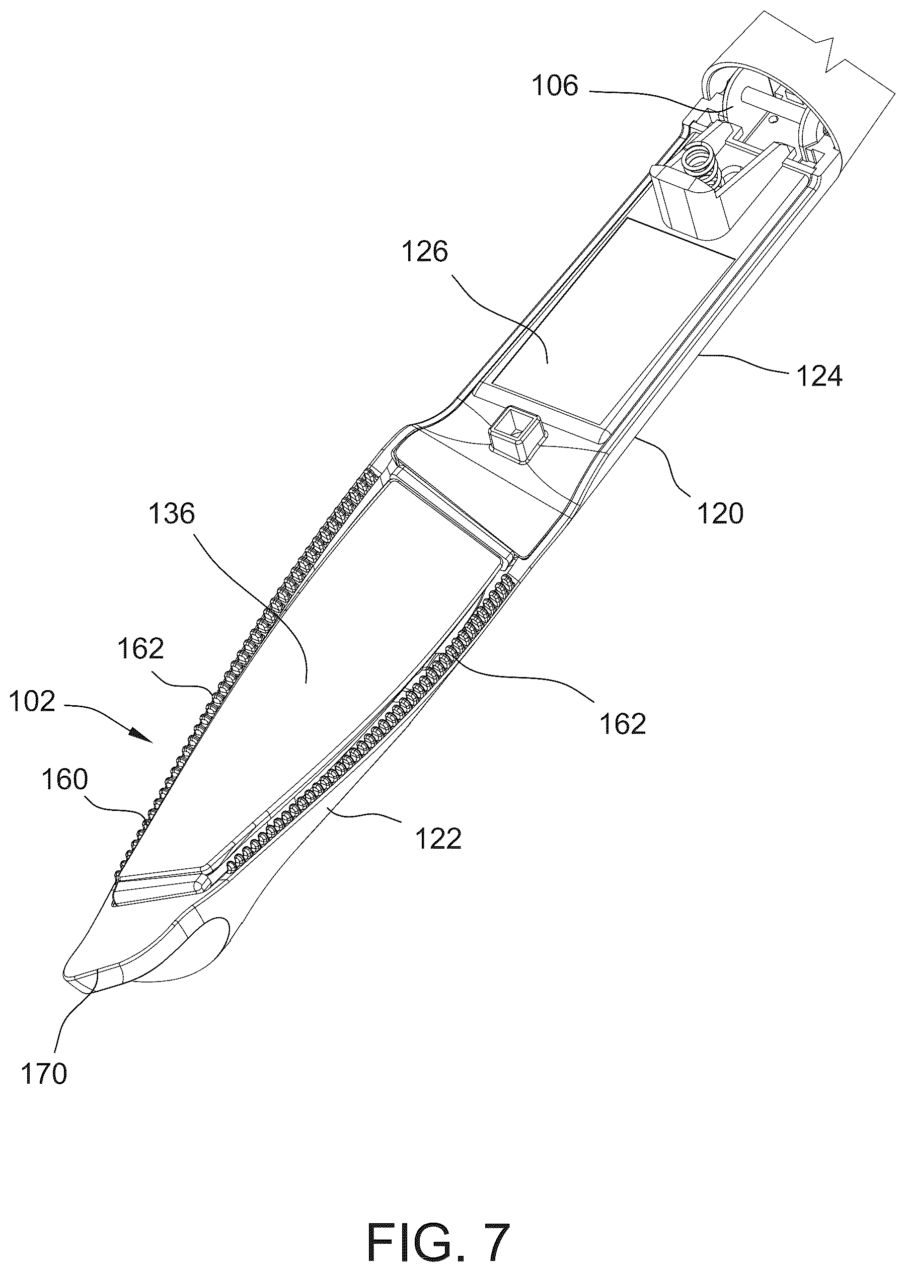 Patent US12396538 Figure 7 – Hair styler including hinged arms having twisted hair contact surfaces