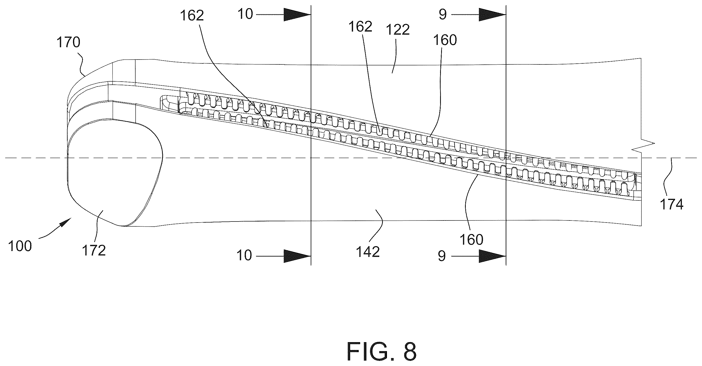 Patent US12396538 Figure 8 – Hair styler including hinged arms having twisted hair contact surfaces